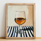 Tokaji Aszú – on Striped Tablecloth, Hungarian Spirit Illustration, no-text version framed in wood