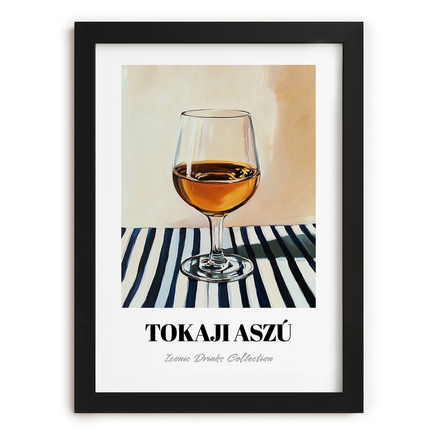 Tokaji Aszú – on Striped Tablecloth, Hungarian Spirit Illustration, in sleek black frame