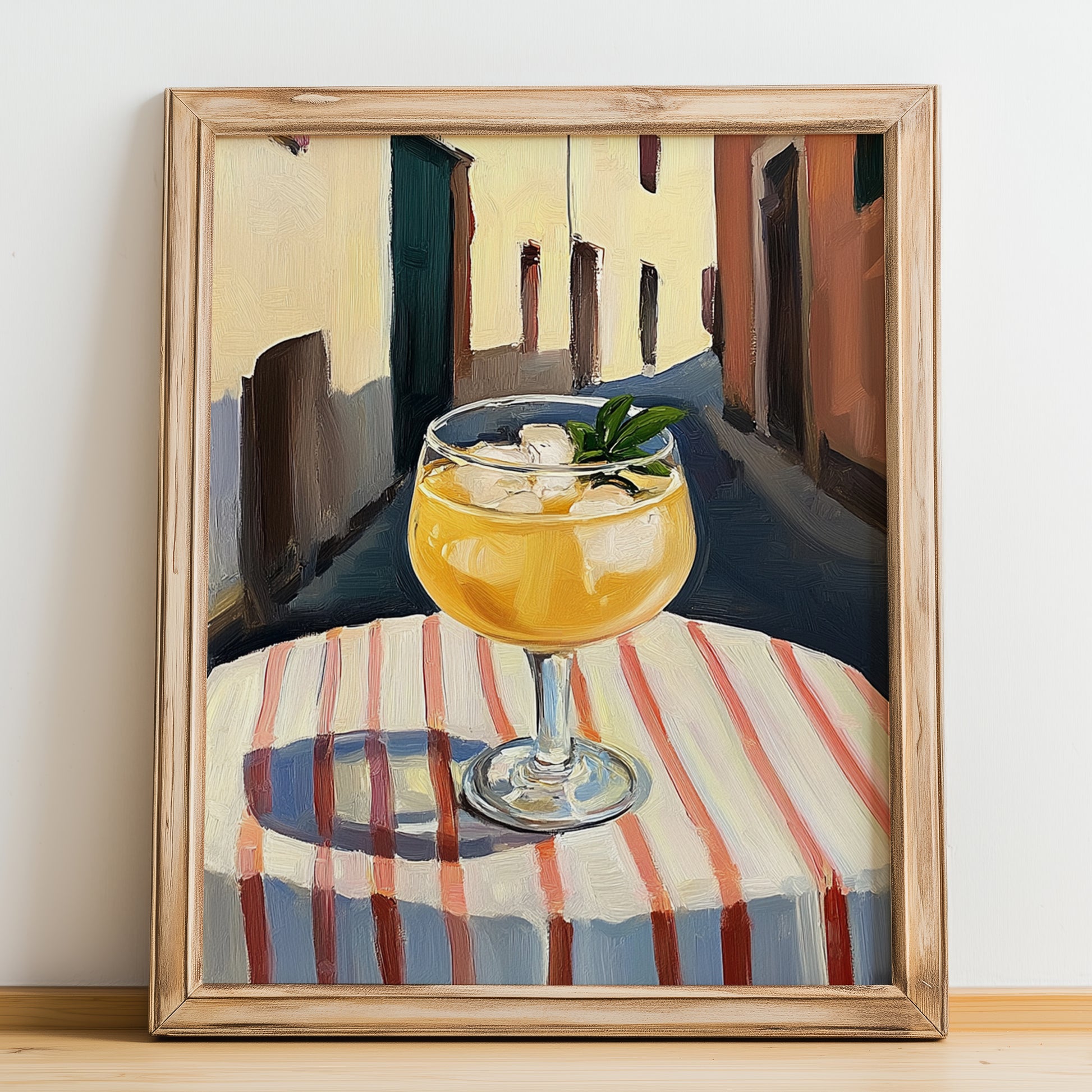 Socată – Romanian Street Café Scene, Romanian Beverage Print, no-text version framed in wood