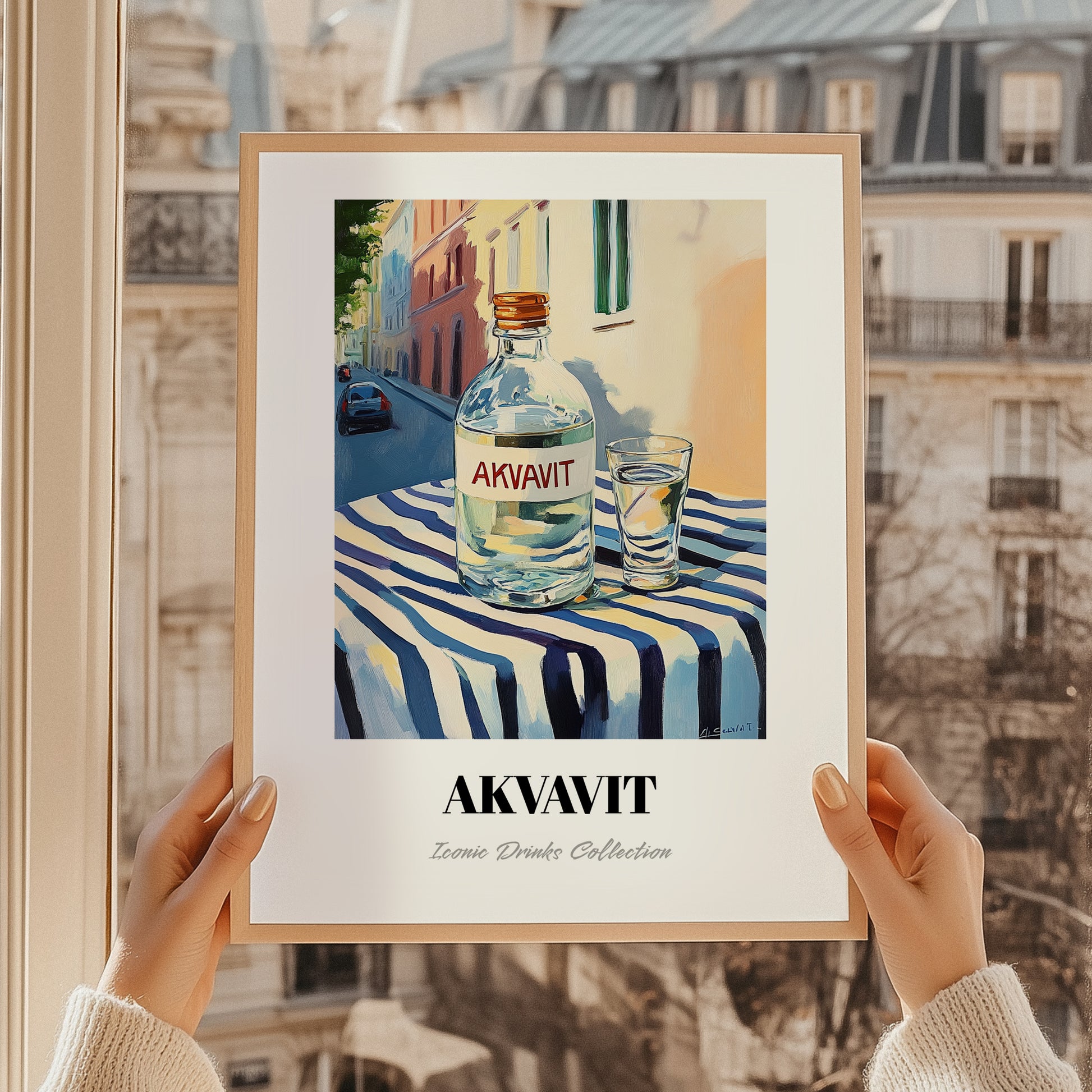 Akvavit – Danish Outdoor Café Scene, Danish Spirit Illustration, styled in a charming Paris street view