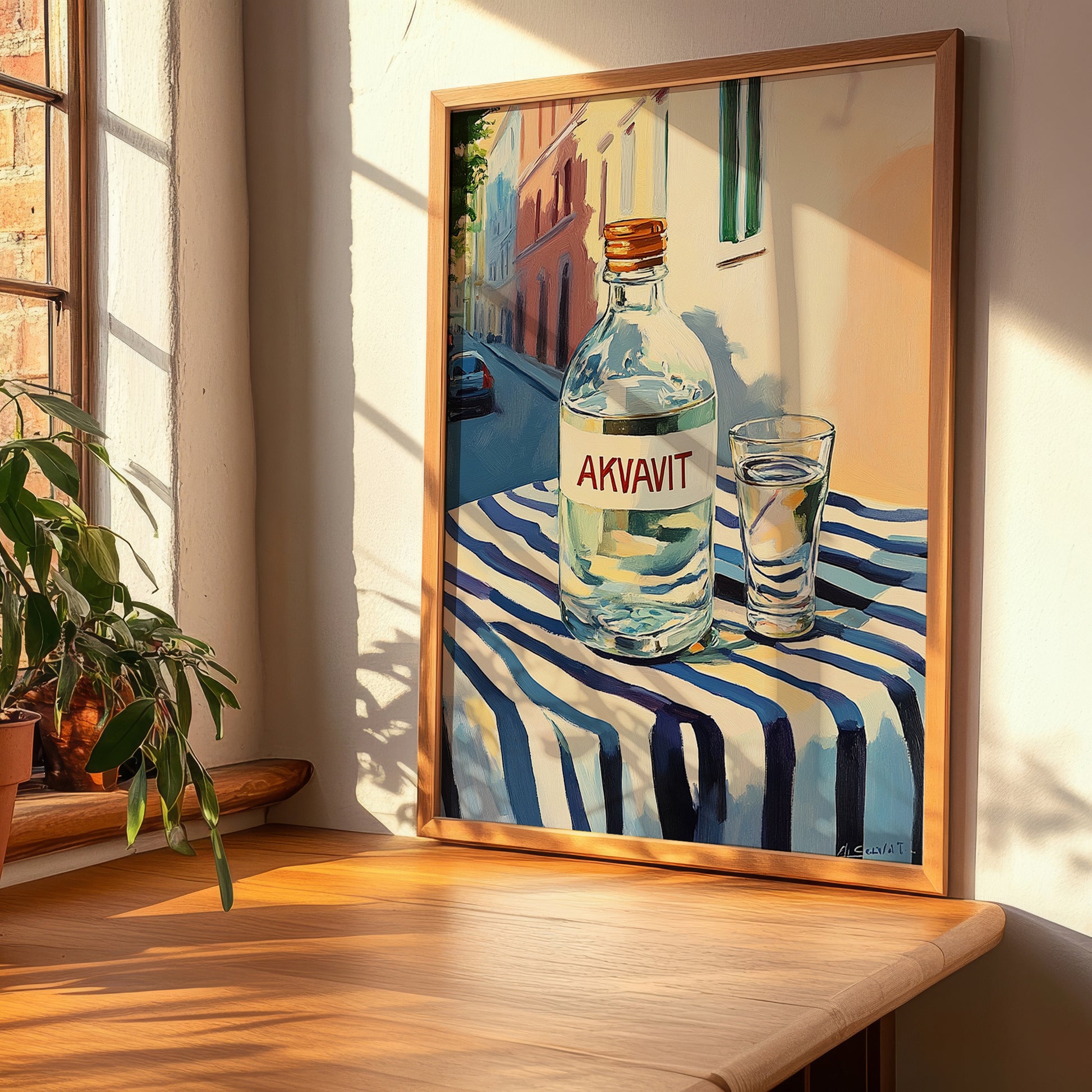 Akvavit – Danish Outdoor Café Scene, Danish Spirit Illustration, clean layout with no caption