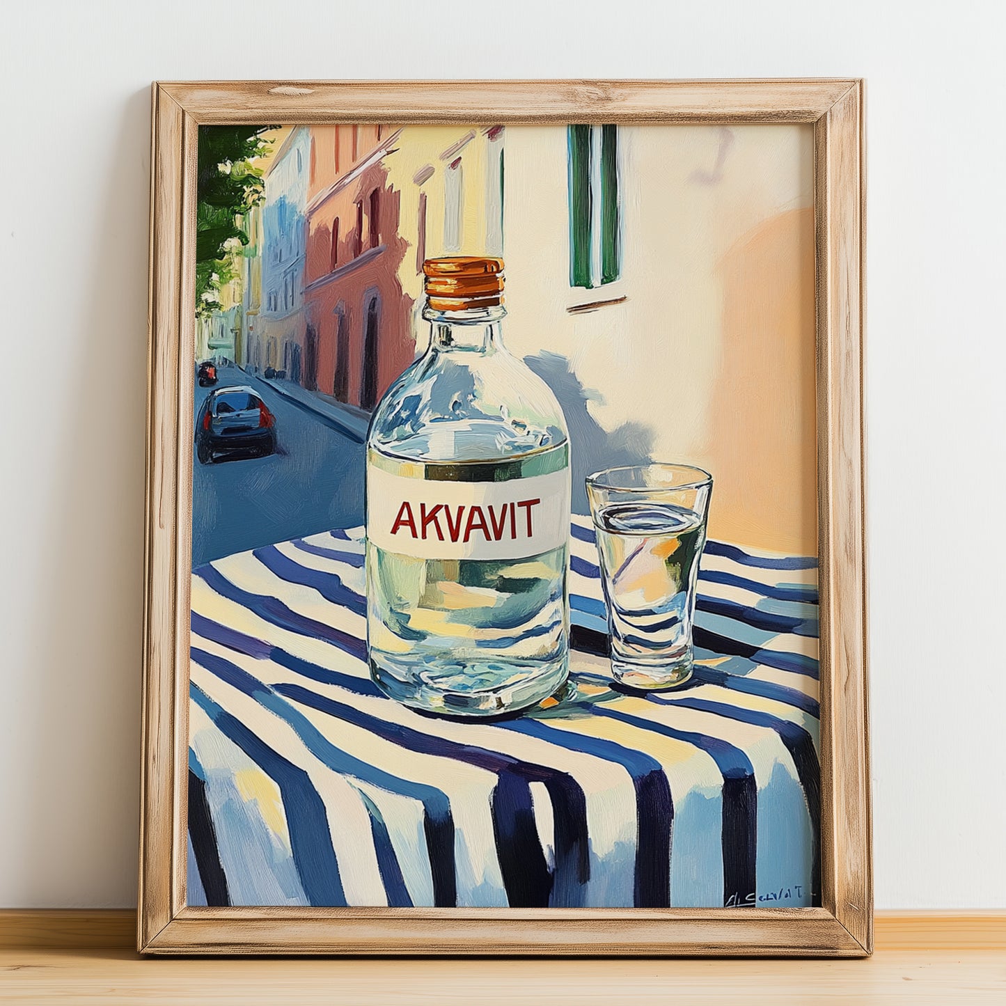 Akvavit – Danish Outdoor Café Scene, Danish Spirit Illustration, no-text version framed in wood