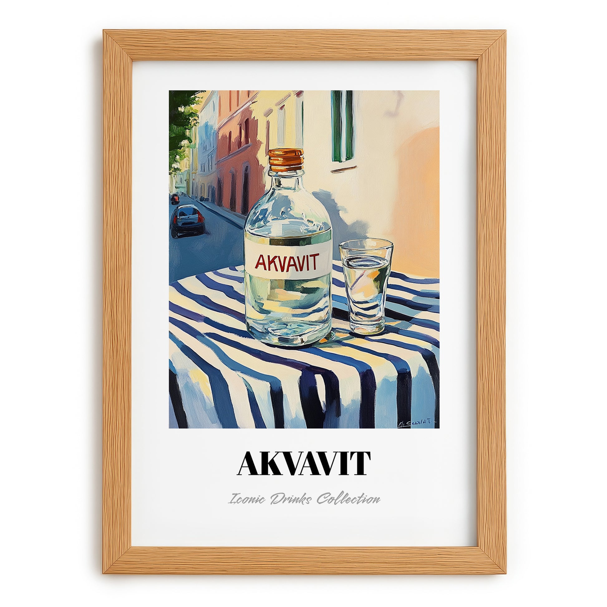 Akvavit – Danish Outdoor Café Scene, Danish Spirit Illustration, set in oak frame