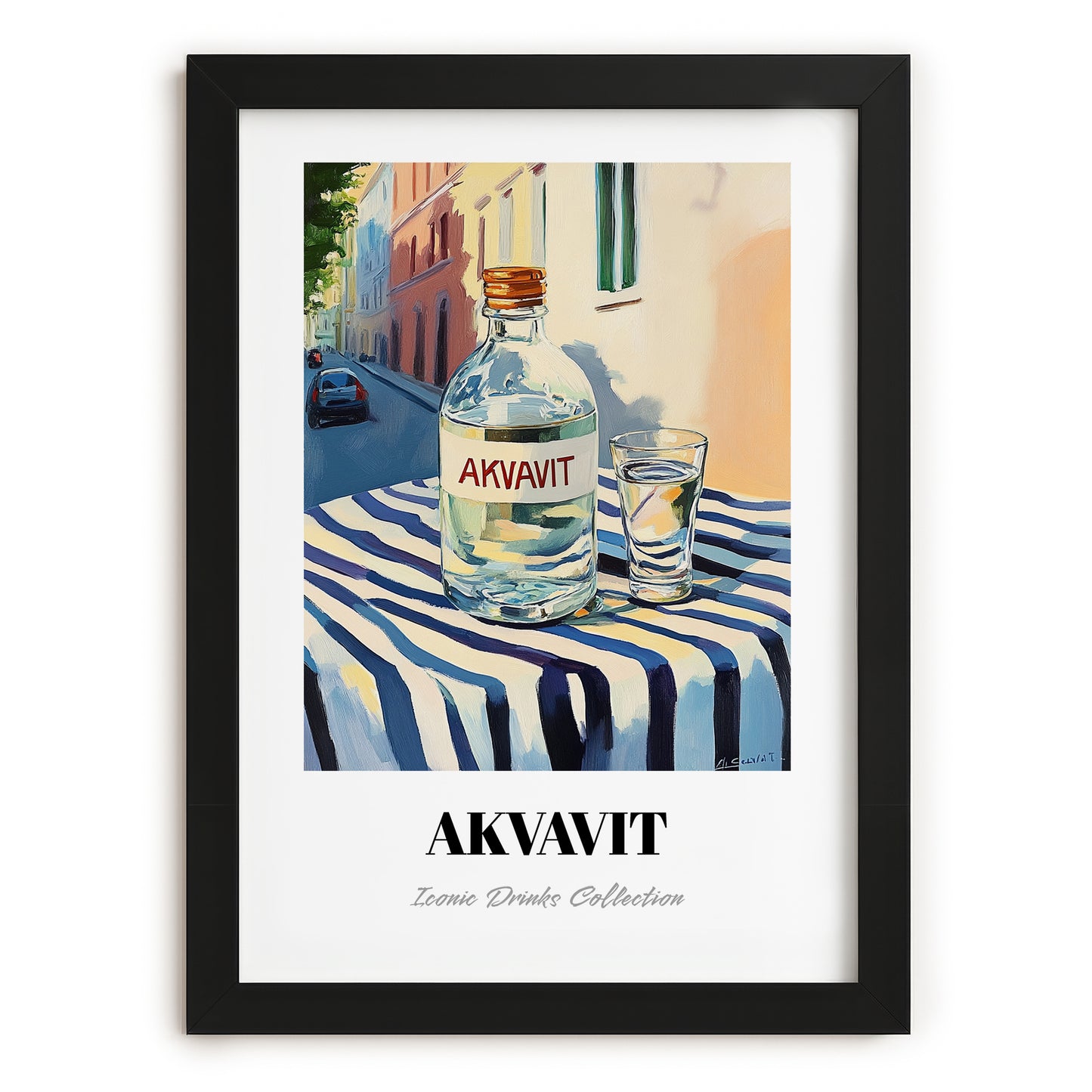 Akvavit – Danish Outdoor Café Scene, Danish Spirit Illustration, in sleek black frame