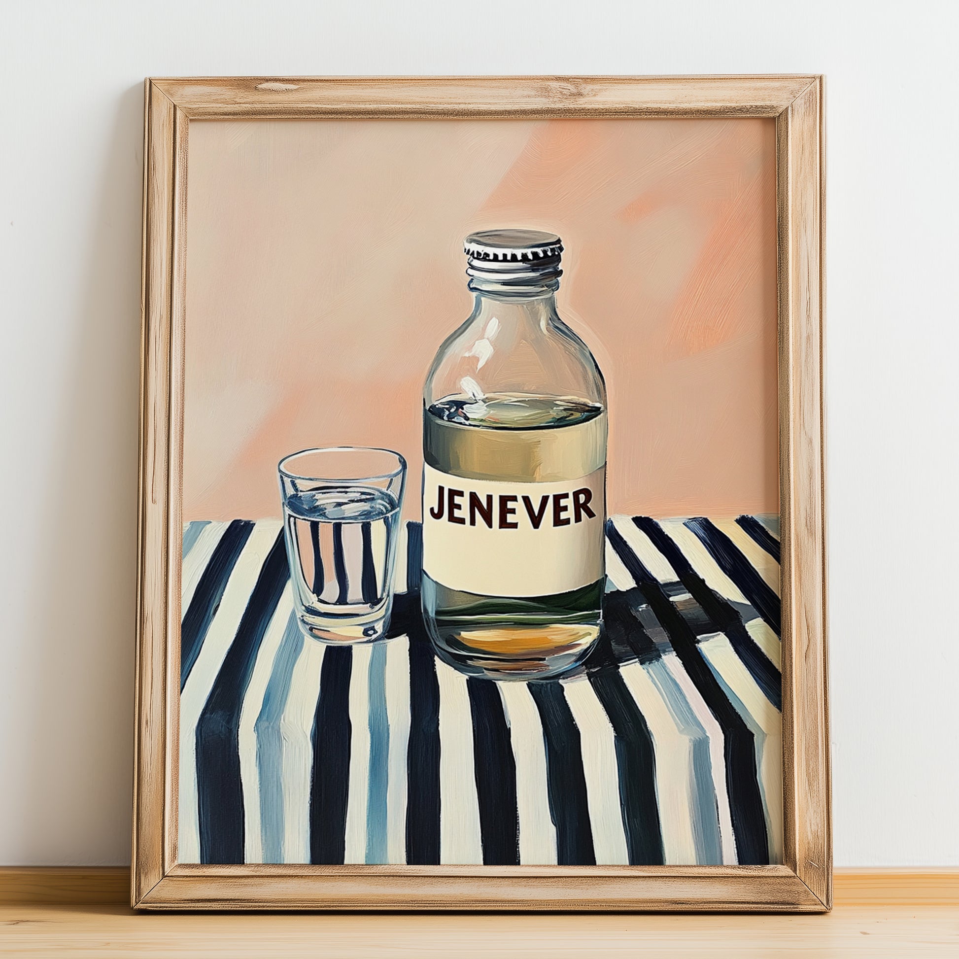 Jenever – on Striped Tablecloth, Dutch Beer Wall Decor, no-text version framed in wood