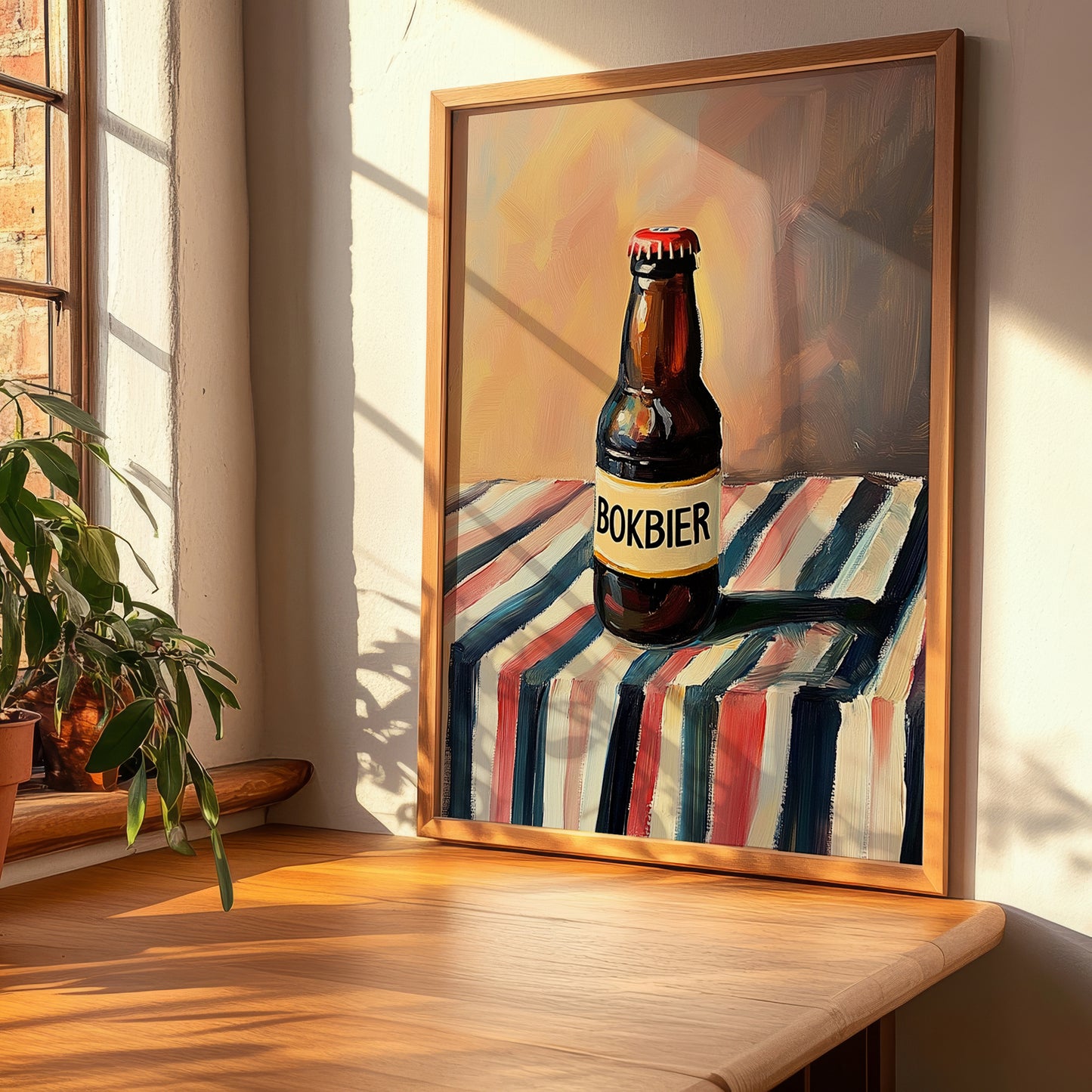 Bokbier – on Striped Tablecloth, Dutch Beer Painting, clean layout with no caption