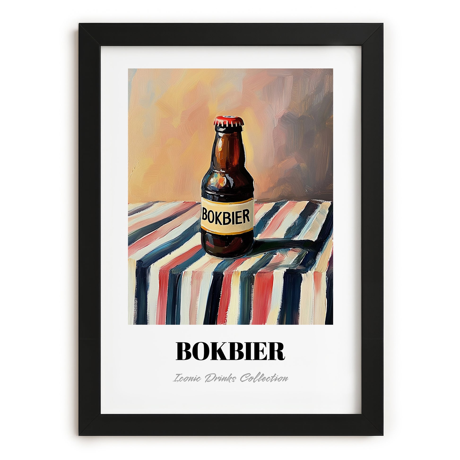 Bokbier – on Striped Tablecloth, Dutch Beer Painting, in sleek black frame