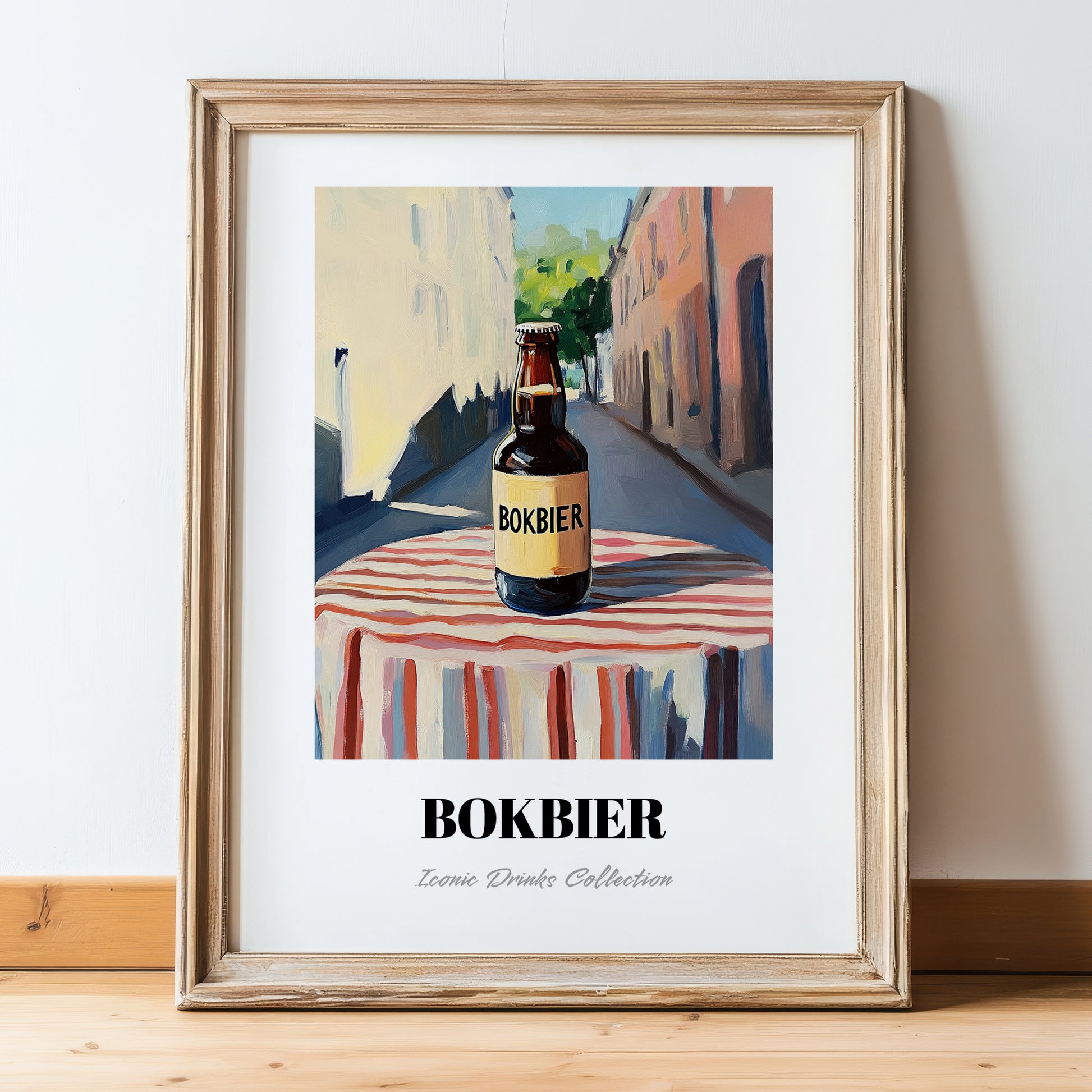 Bokbier – Dutch Street Café Scene, Dutch Beer Still Life, in wooden frame leaning on the floor