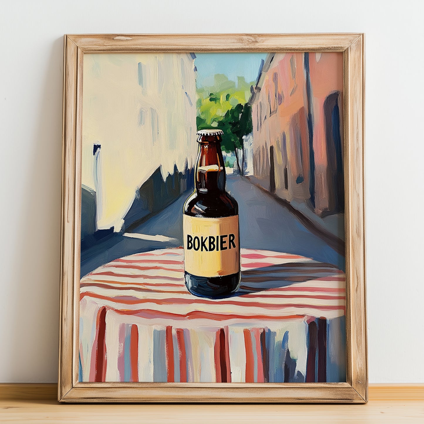 Bokbier – Dutch Street Café Scene, Dutch Beer Still Life, no-text version framed in wood