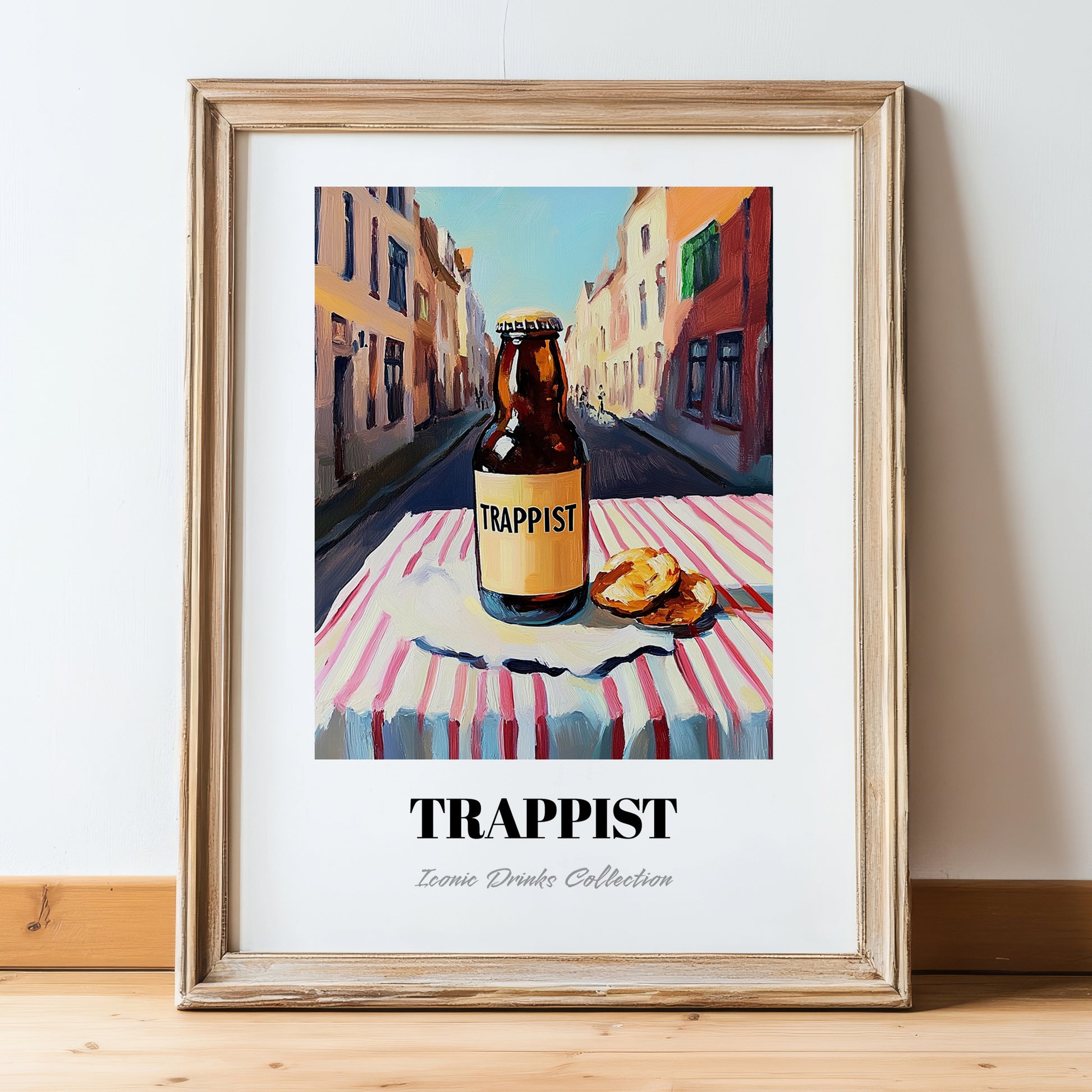 Trappist – Belgian Street Café Scene, Belgian Beer Poster, in wooden frame leaning on the floor