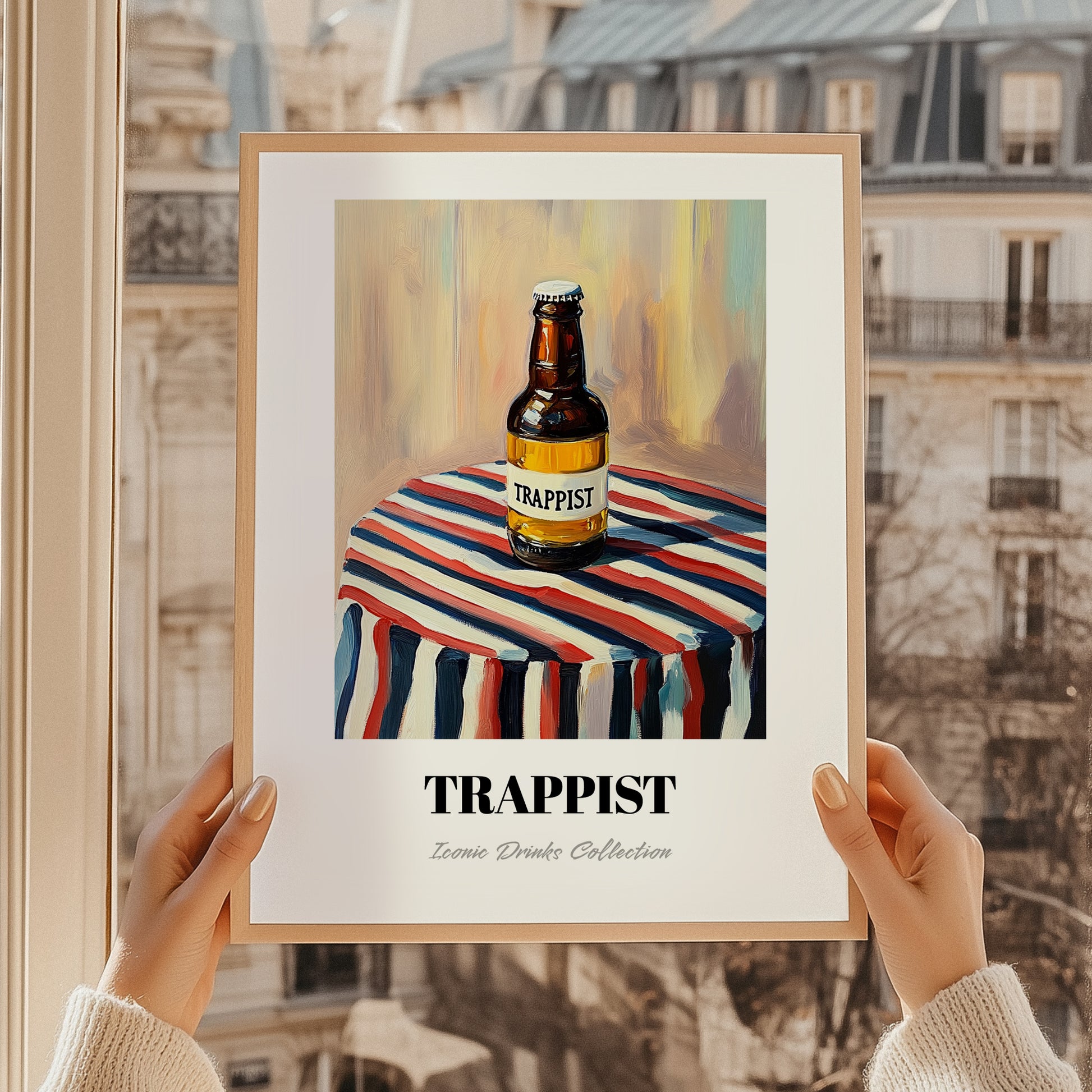 Trappist – on Striped Tablecloth, Belgian Beer Still Life, styled in a charming Paris street view