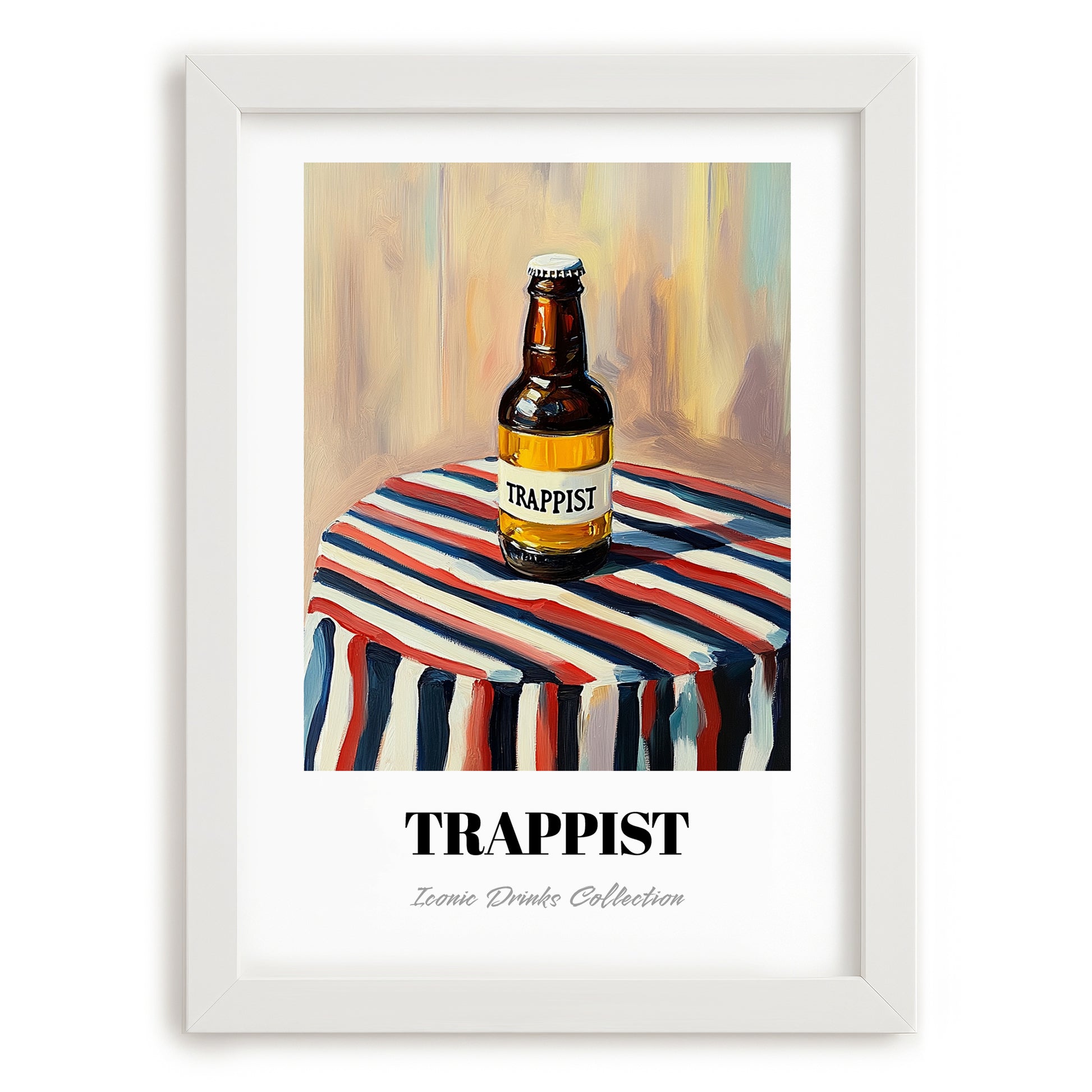 Trappist – on Striped Tablecloth, Belgian Beer Still Life, placed in minimal white frame