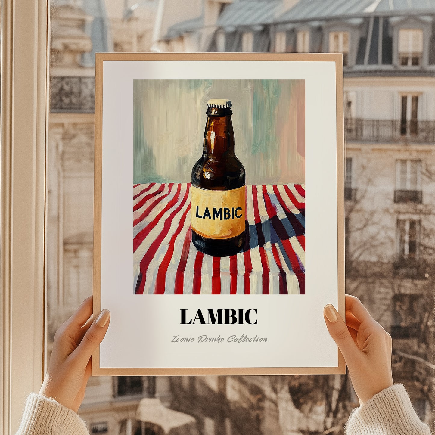 Lambic – on Striped Tablecloth, Belgian Beer Illustration, styled in a charming Paris street view