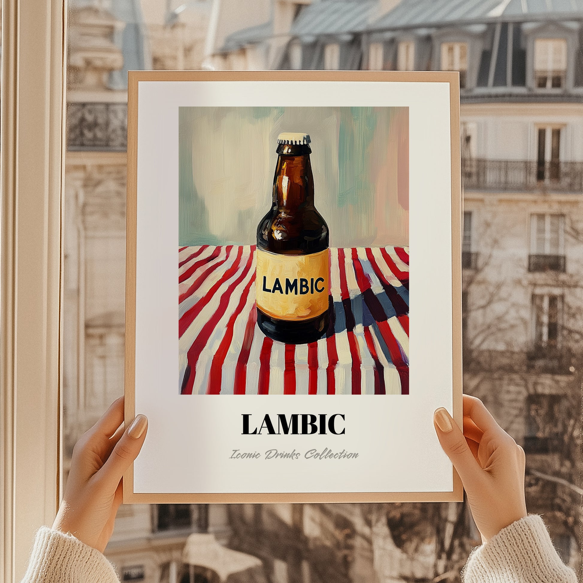 Lambic – on Striped Tablecloth, Belgian Beer Illustration, styled in a charming Paris street view