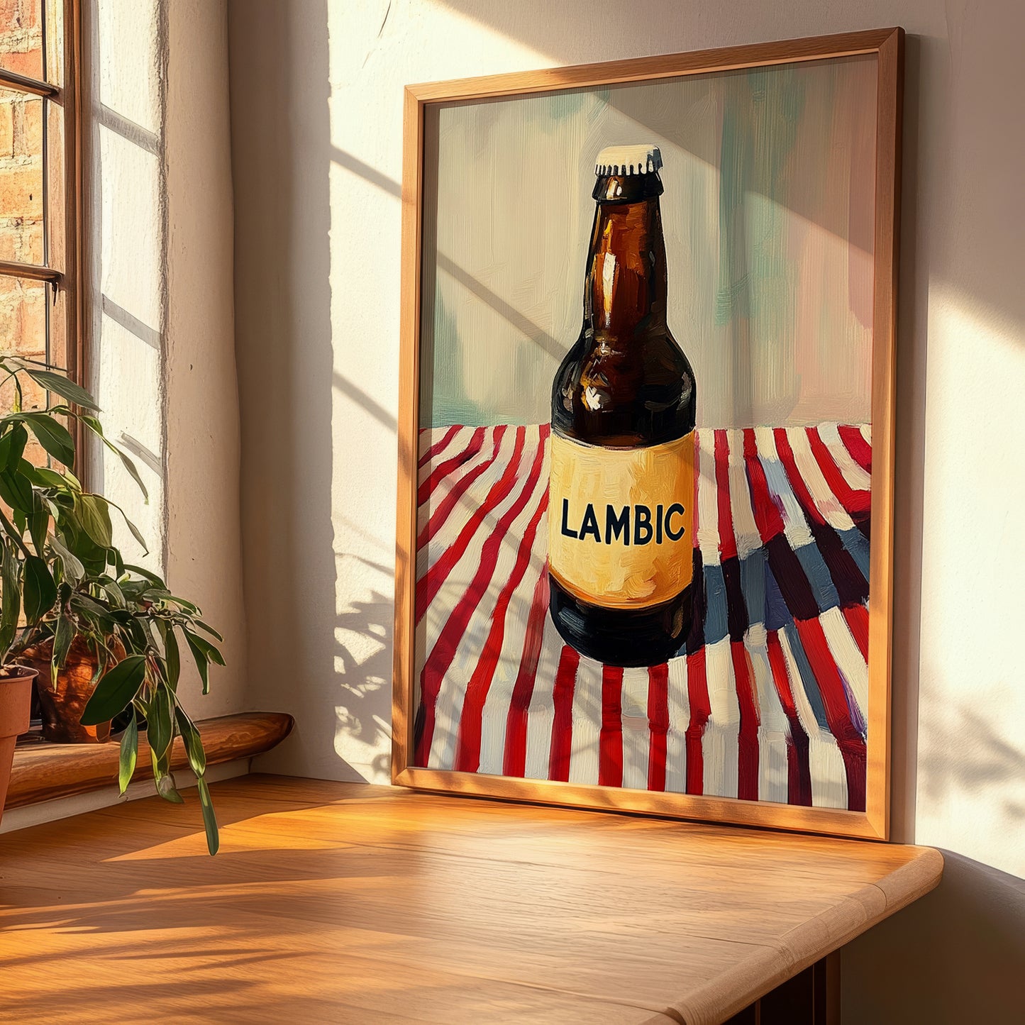 Lambic – on Striped Tablecloth, Belgian Beer Illustration, clean layout with no caption