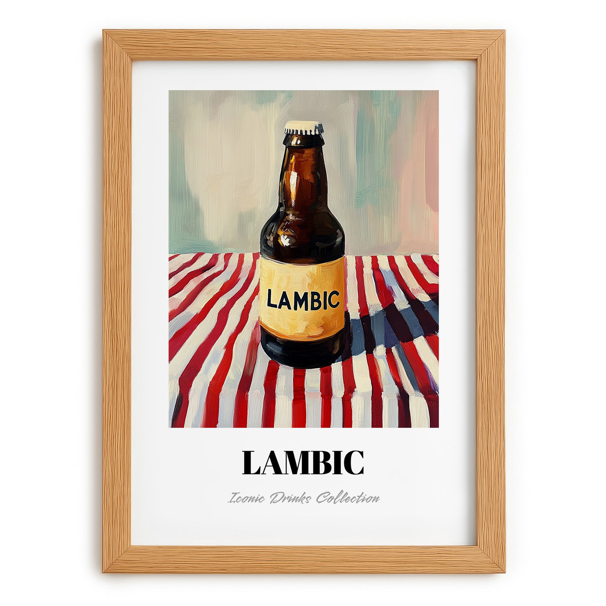 Lambic – on Striped Tablecloth, Belgian Beer Illustration, set in oak frame