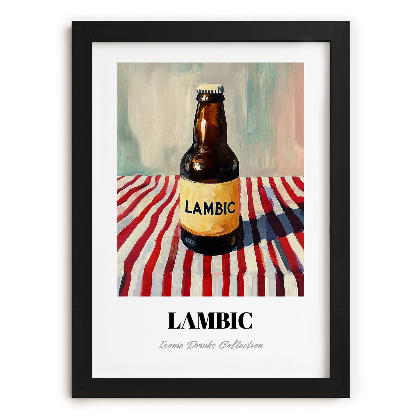 Lambic – on Striped Tablecloth, Belgian Beer Illustration, in sleek black frame