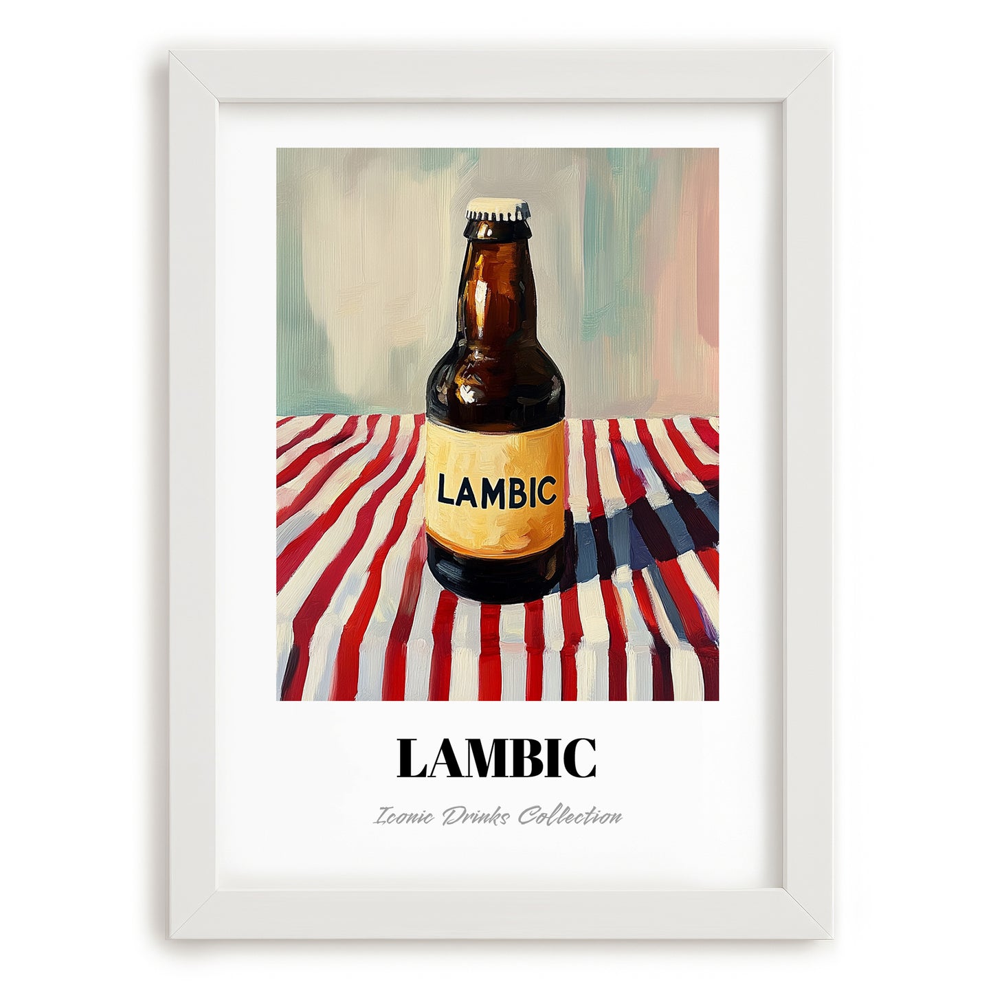 Lambic – on Striped Tablecloth, Belgian Beer Illustration, placed in minimal white frame