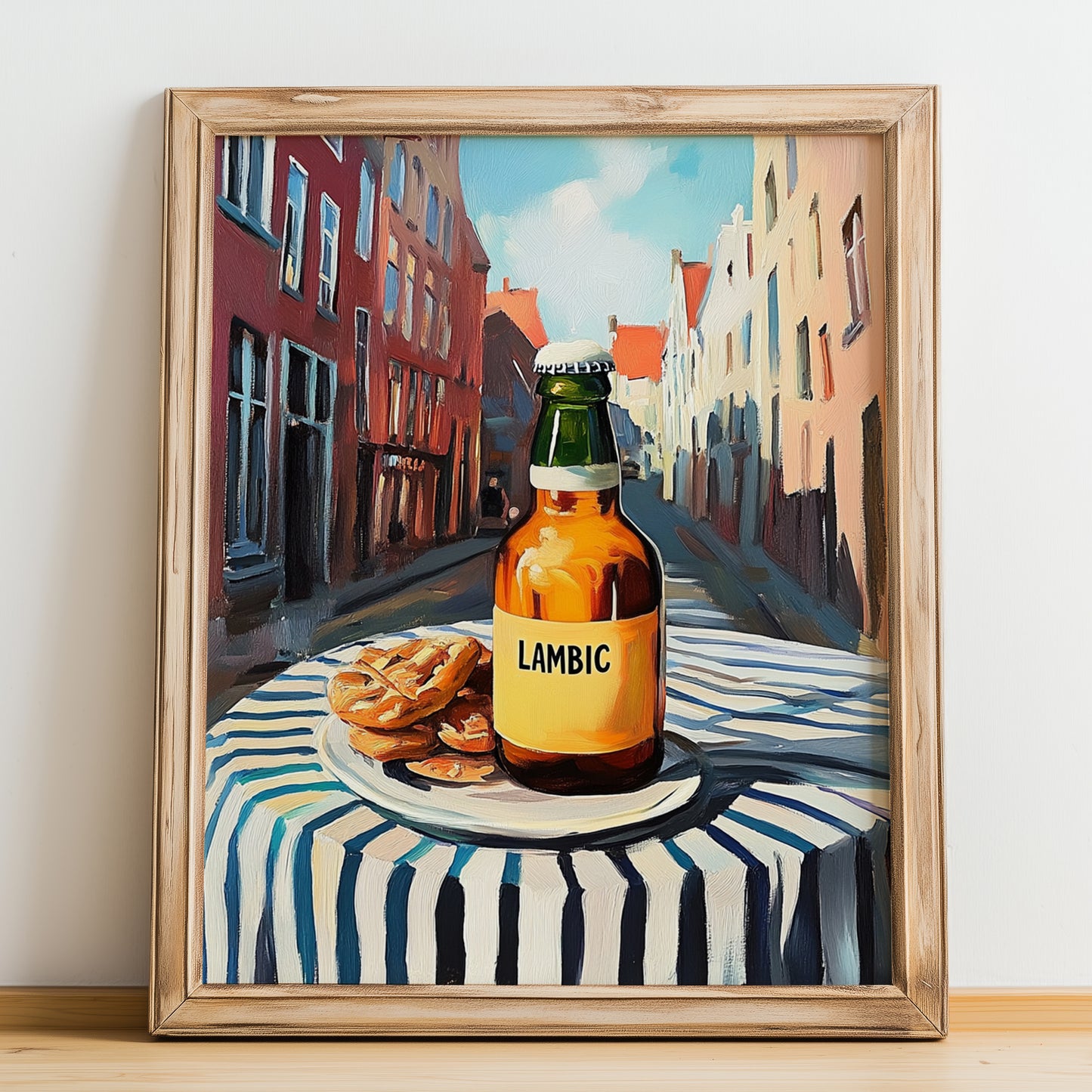 Lambic – Belgian Urban Café Scene, Belgian Coffee Print, no-text version framed in wood