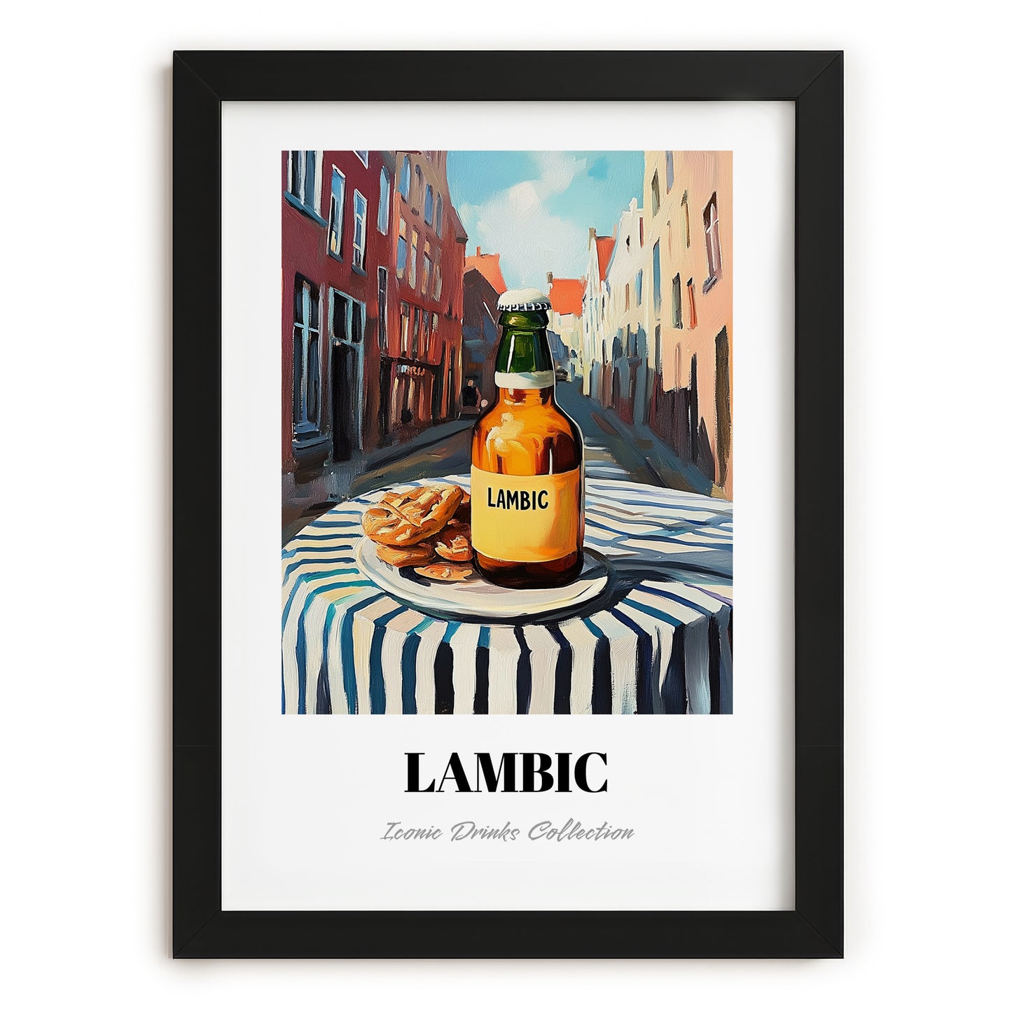 Lambic – Belgian Urban Café Scene, Belgian Coffee Print, in sleek black frame