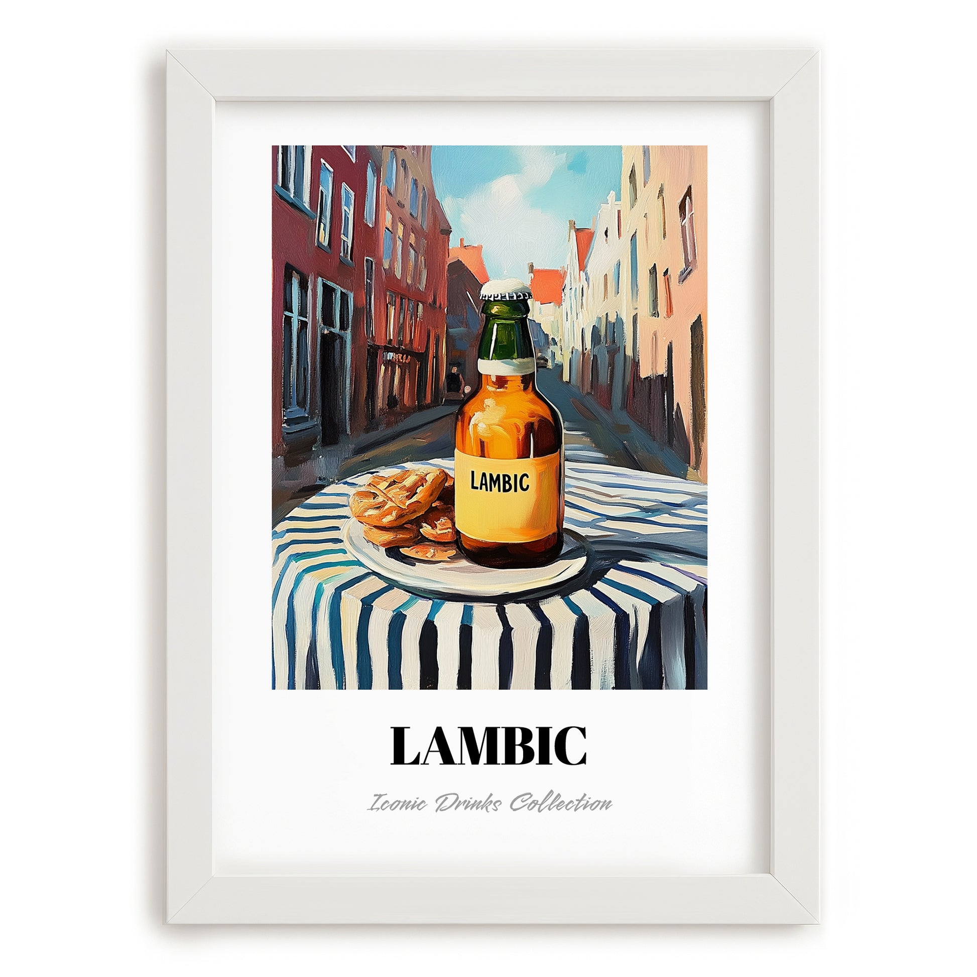 Lambic – Belgian Urban Café Scene, Belgian Coffee Print, placed in minimal white frame