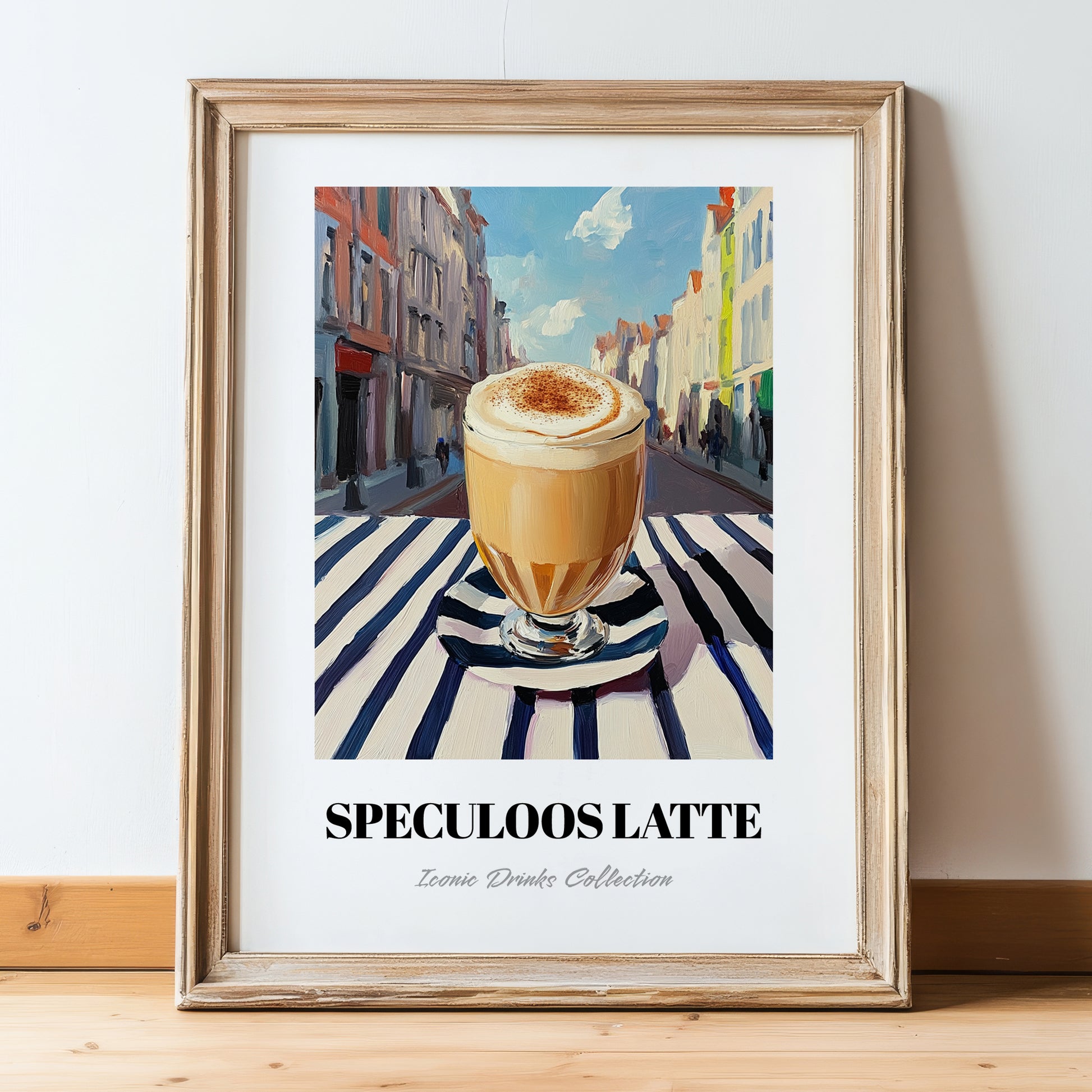 Speculoos Latte – Belgian Urban Café Scene, Belgian Coffee Still Life, in wooden frame leaning on the floor