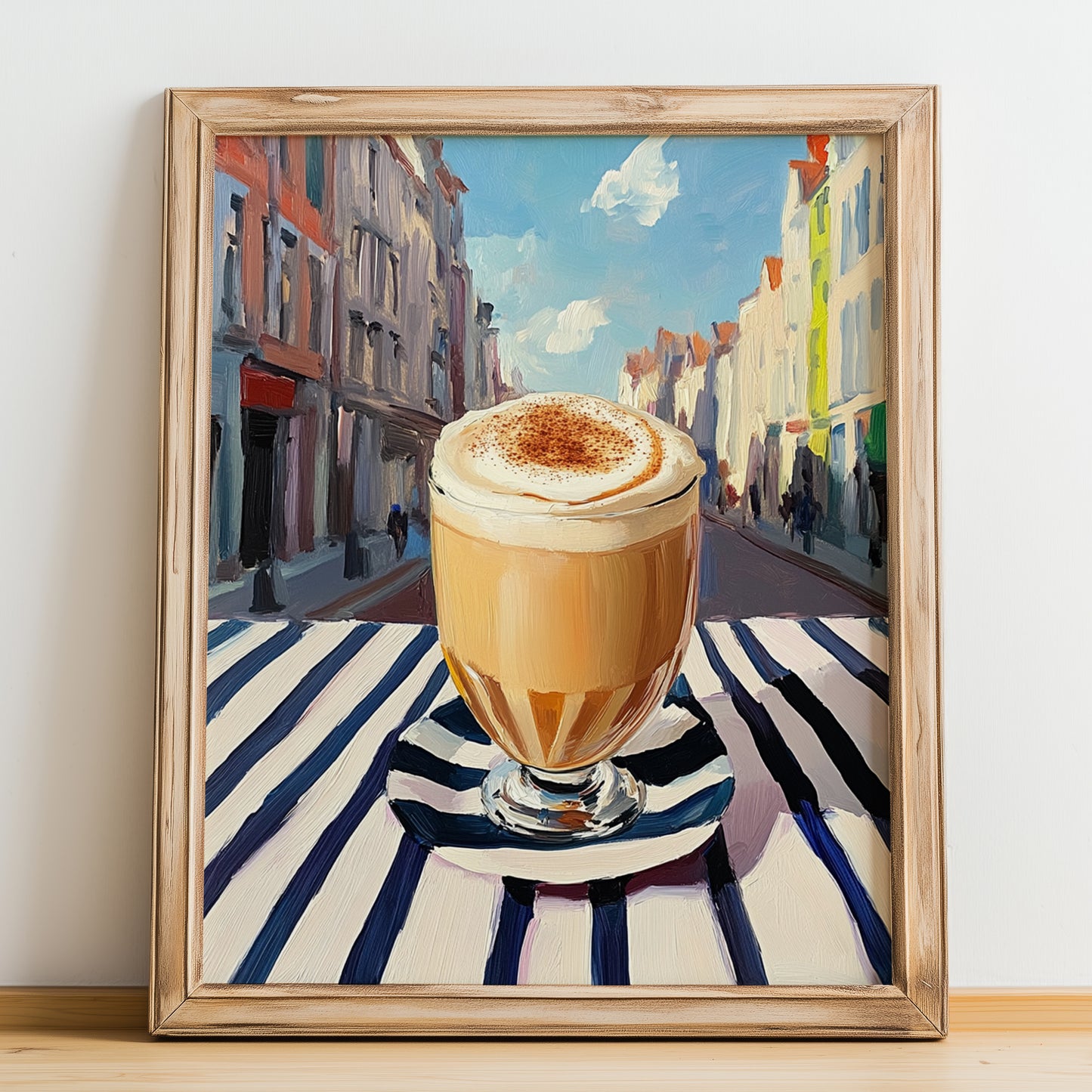 Speculoos Latte – Belgian Urban Café Scene, Belgian Coffee Still Life, no-text version framed in wood