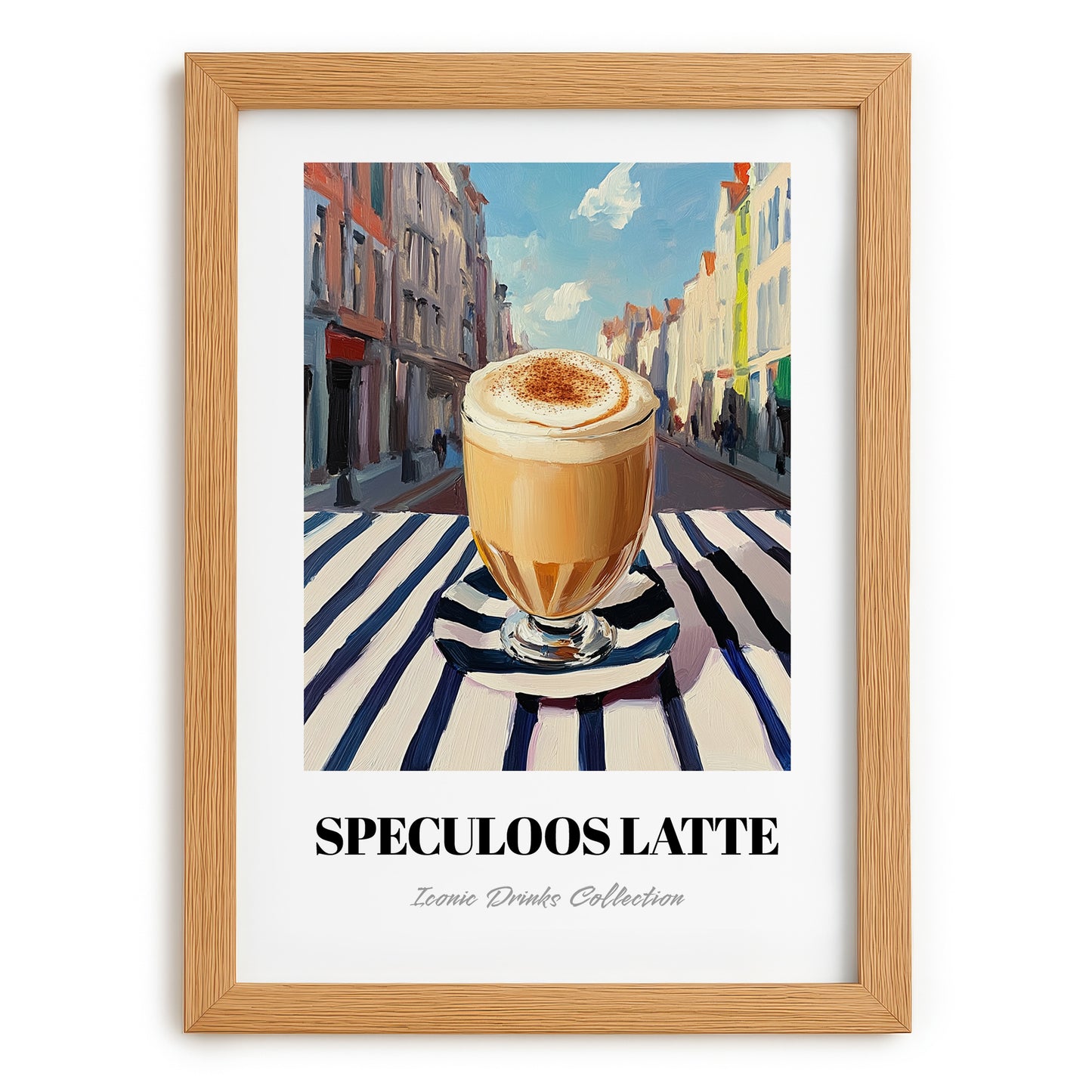 Speculoos Latte – Belgian Urban Café Scene, Belgian Coffee Still Life, set in oak frame