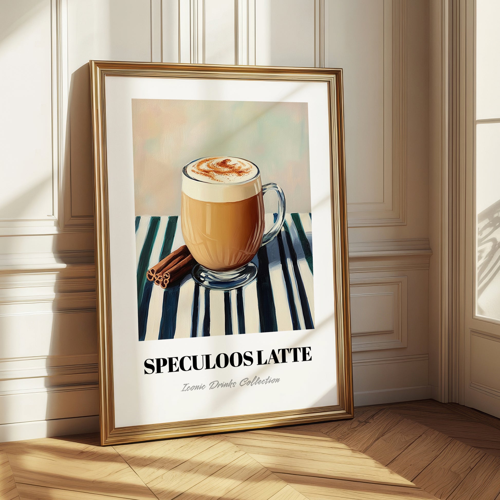 Speculoos Latte – on Striped Tablecloth, Belgian Beverage Still Life