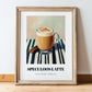 Speculoos Latte – on Striped Tablecloth, Belgian Beverage Still Life, in wooden frame leaning on the floor