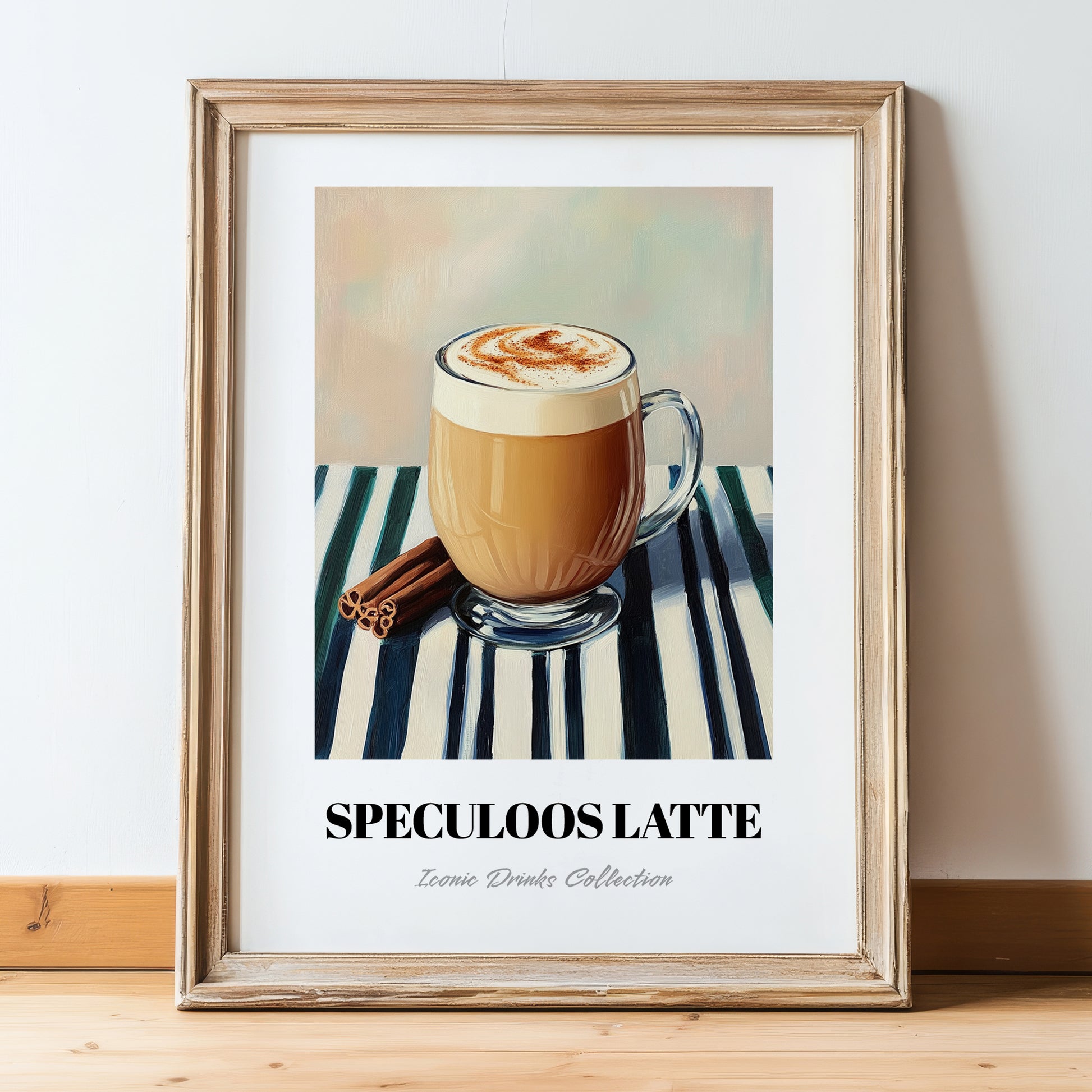 Speculoos Latte – on Striped Tablecloth, Belgian Beverage Still Life, in wooden frame leaning on the floor