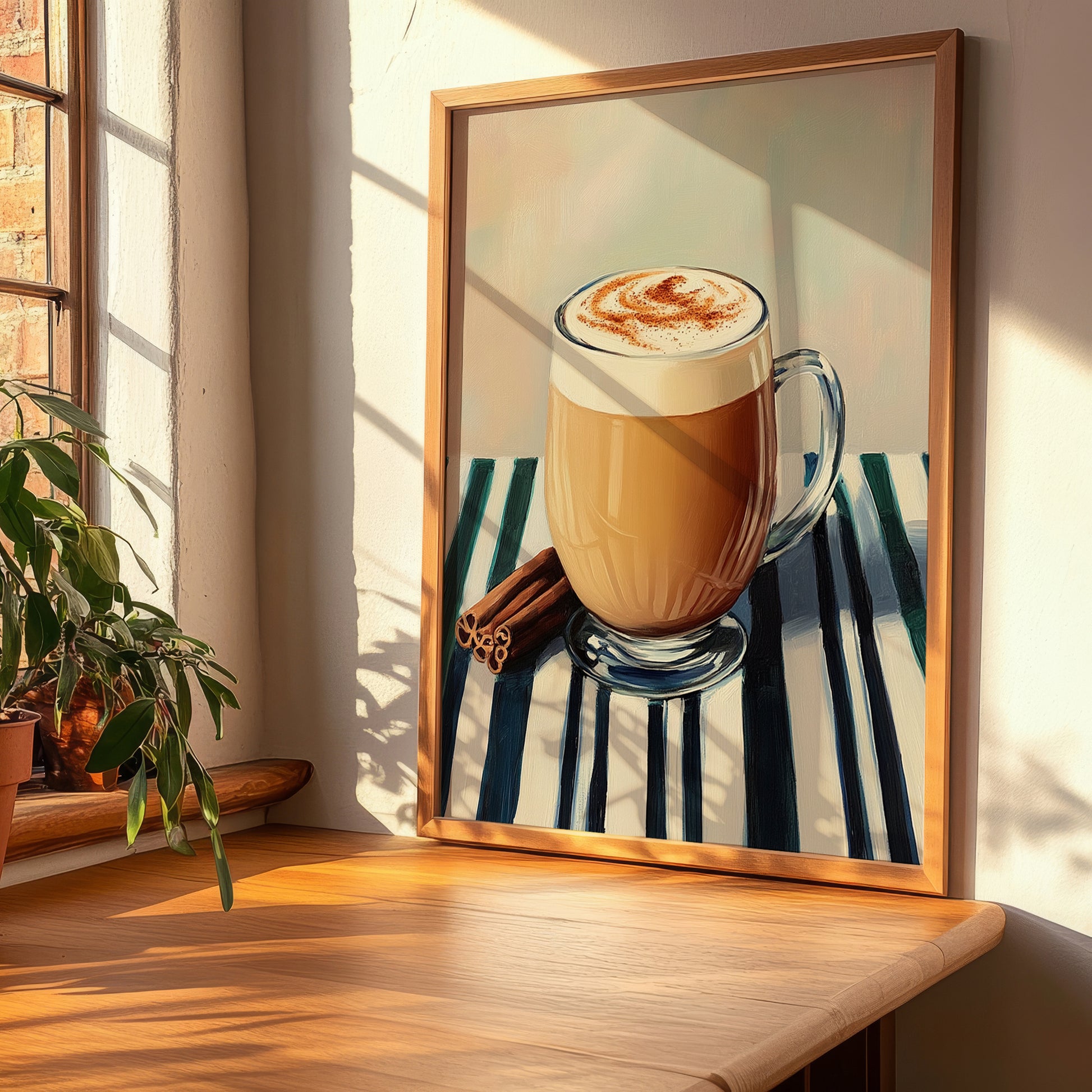 Speculoos Latte – on Striped Tablecloth, Belgian Beverage Still Life, clean layout with no caption