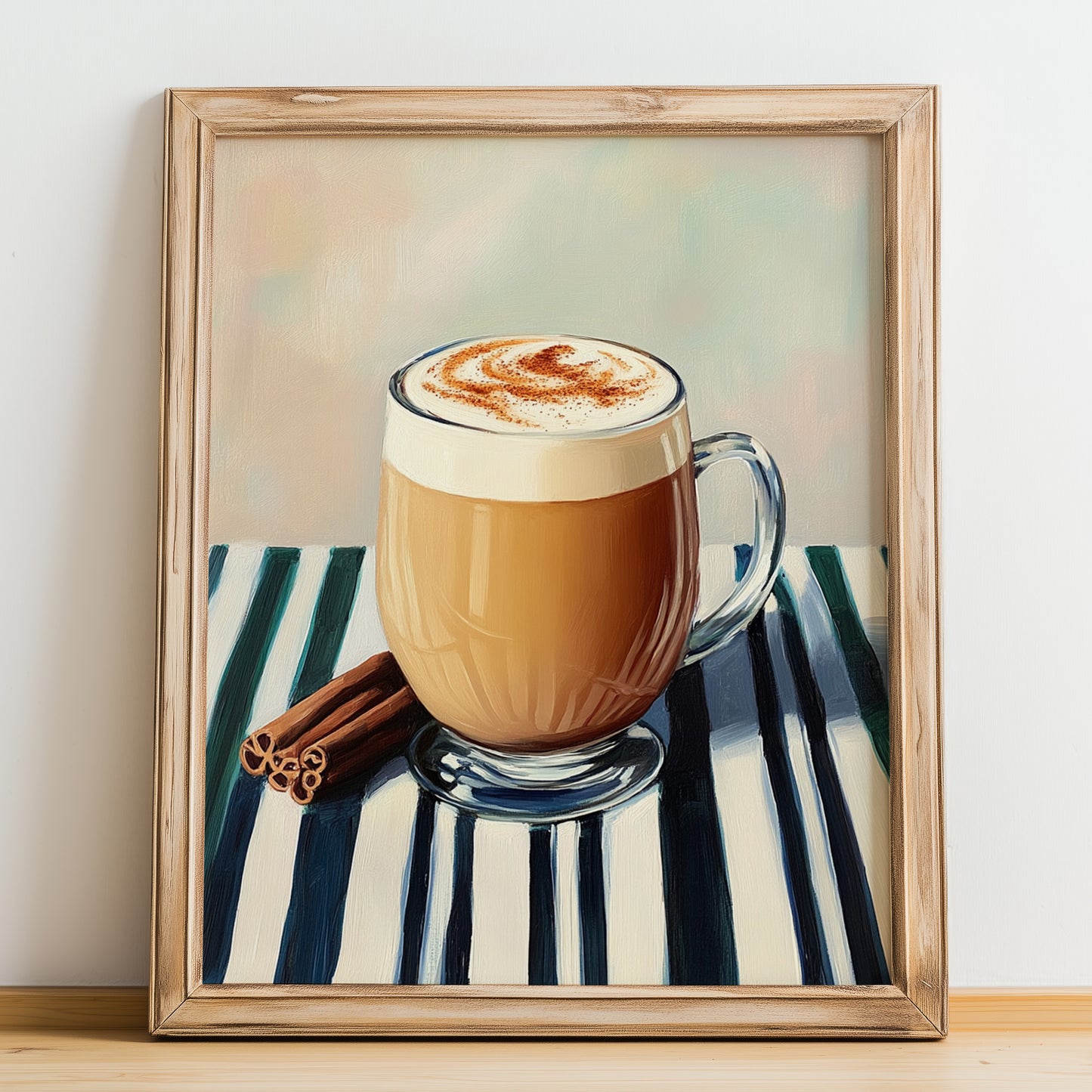 Speculoos Latte – on Striped Tablecloth, Belgian Beverage Still Life, no-text version framed in wood