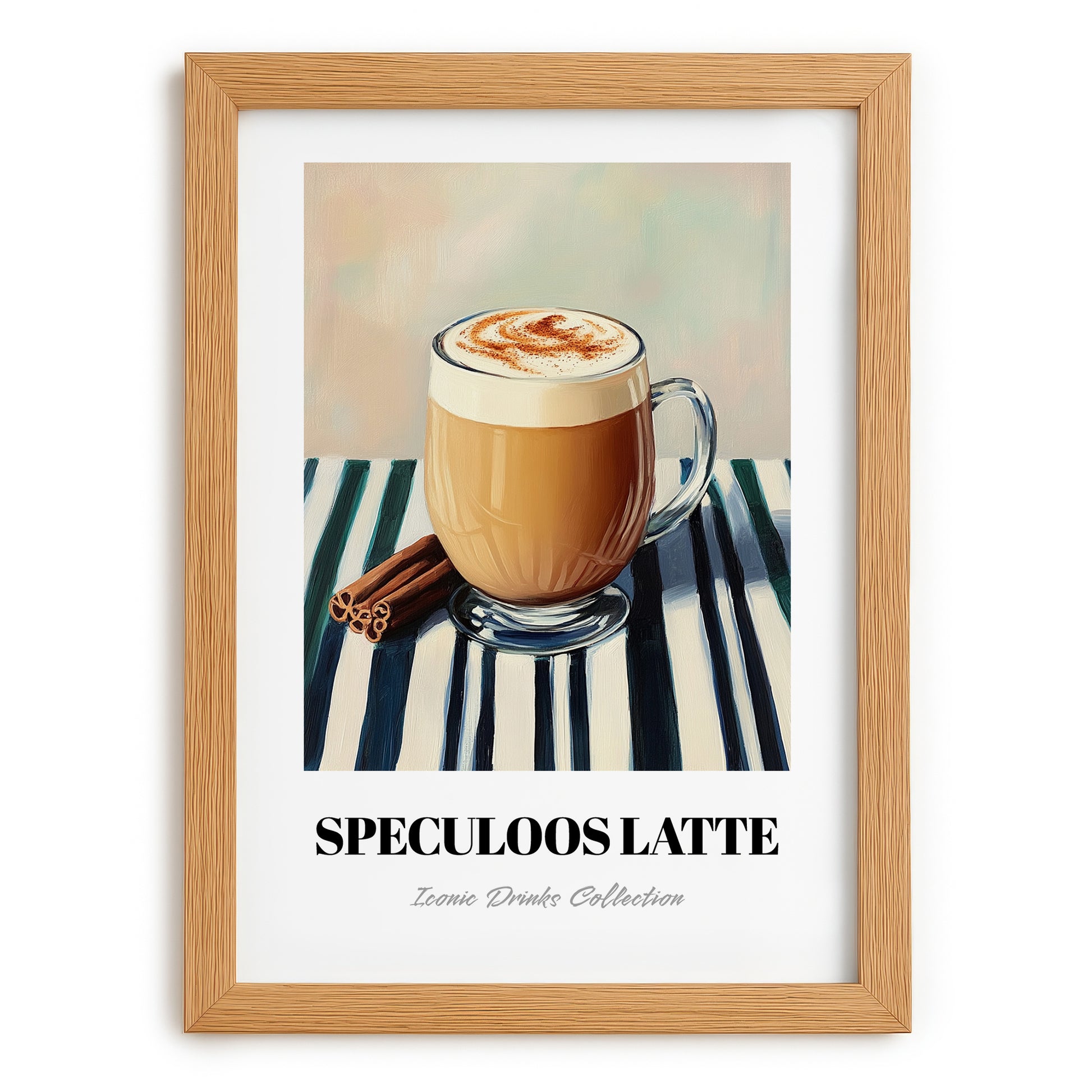 Speculoos Latte – on Striped Tablecloth, Belgian Beverage Still Life, set in oak frame