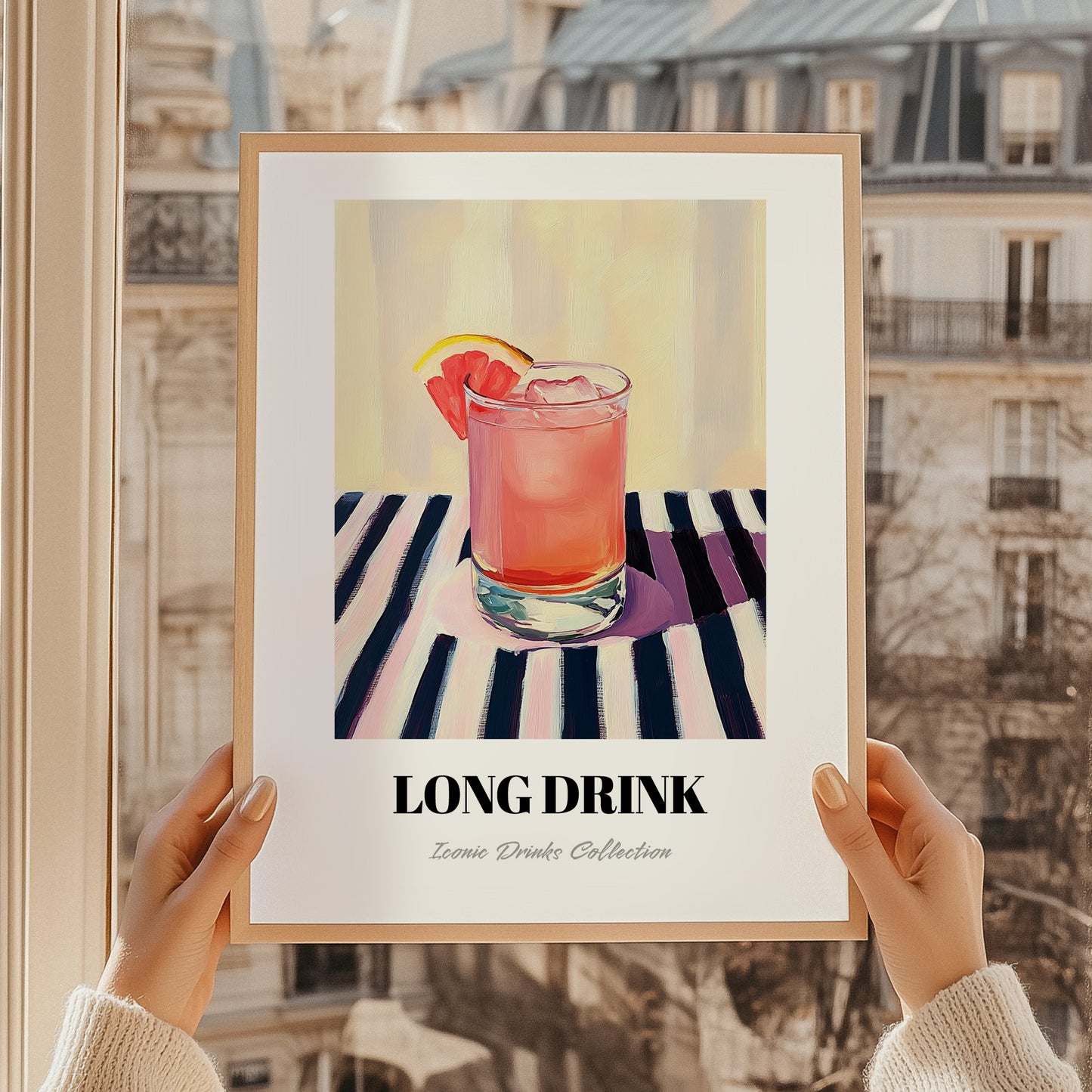 Long Drink – on Striped Tablecloth, Finnish Beverage Wall Decor, styled in a charming Paris street view