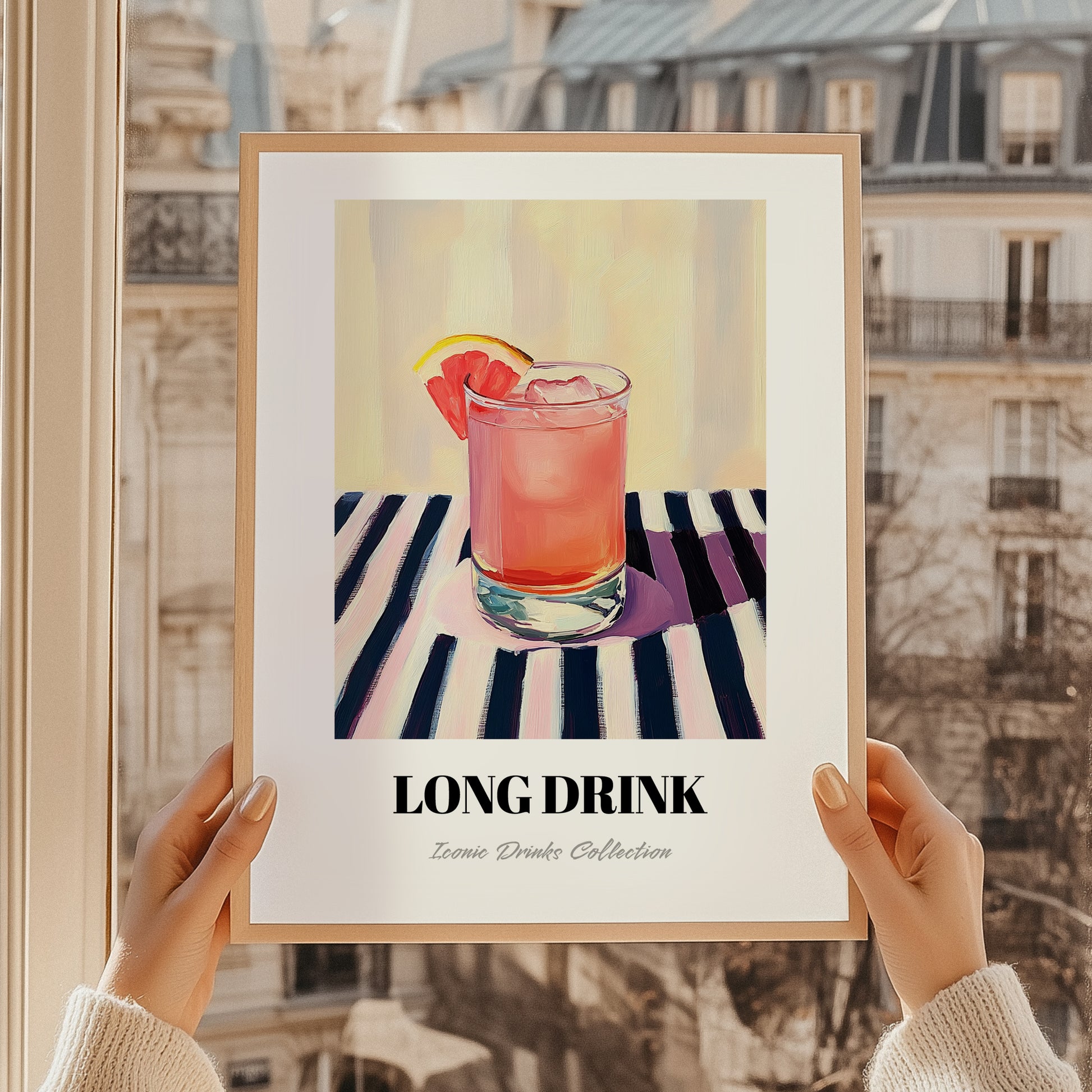 Long Drink – on Striped Tablecloth, Finnish Beverage Wall Decor, styled in a charming Paris street view