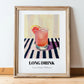 Long Drink – on Striped Tablecloth, Finnish Beverage Wall Decor, in wooden frame leaning on the floor