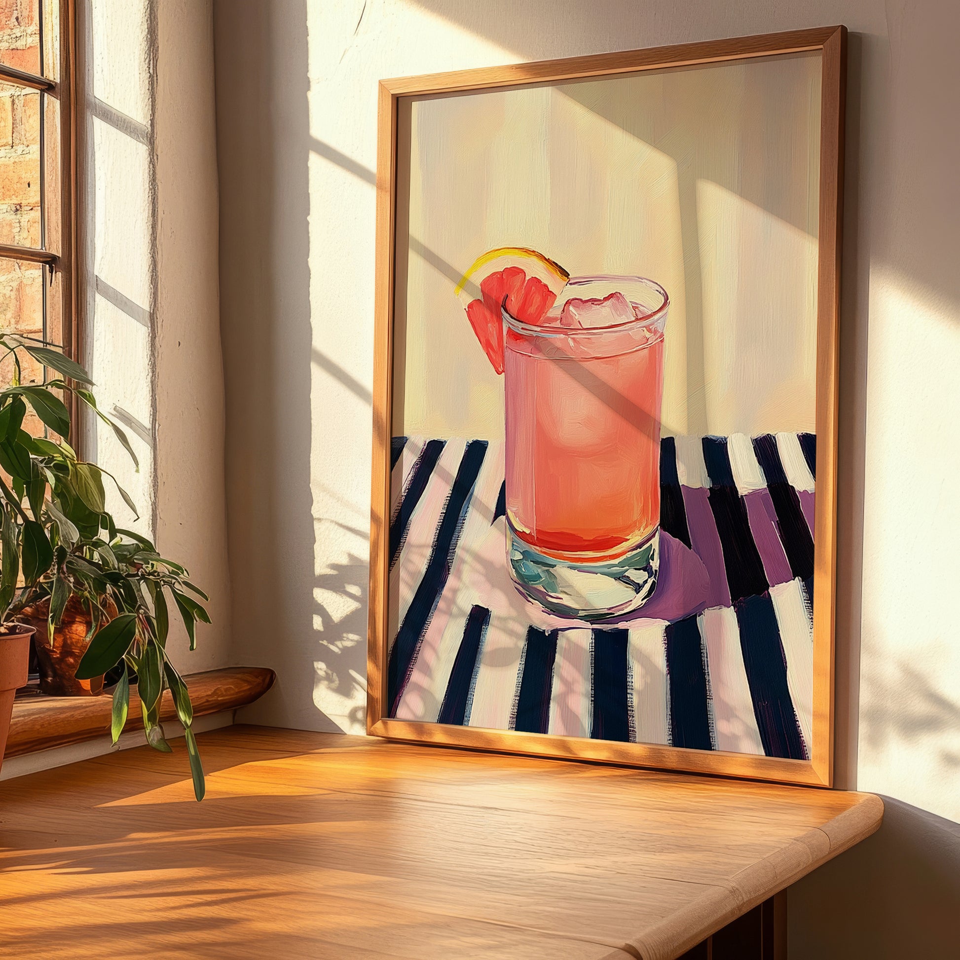 Long Drink – on Striped Tablecloth, Finnish Beverage Wall Decor, clean layout with no caption