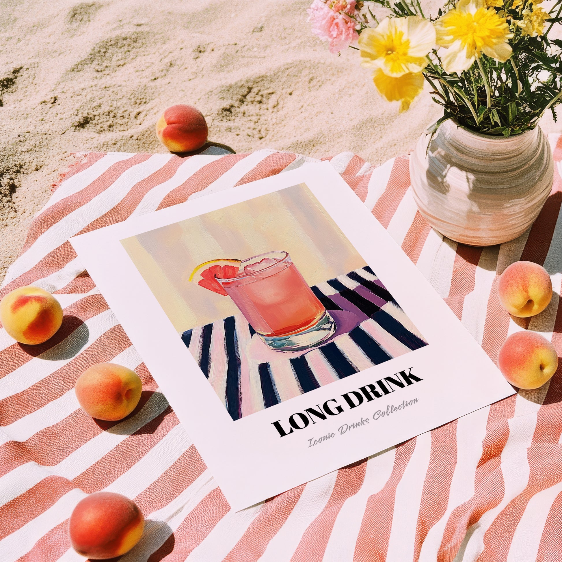Long Drink – on Striped Tablecloth, Finnish Beverage Wall Decor, unframed on coastal sand