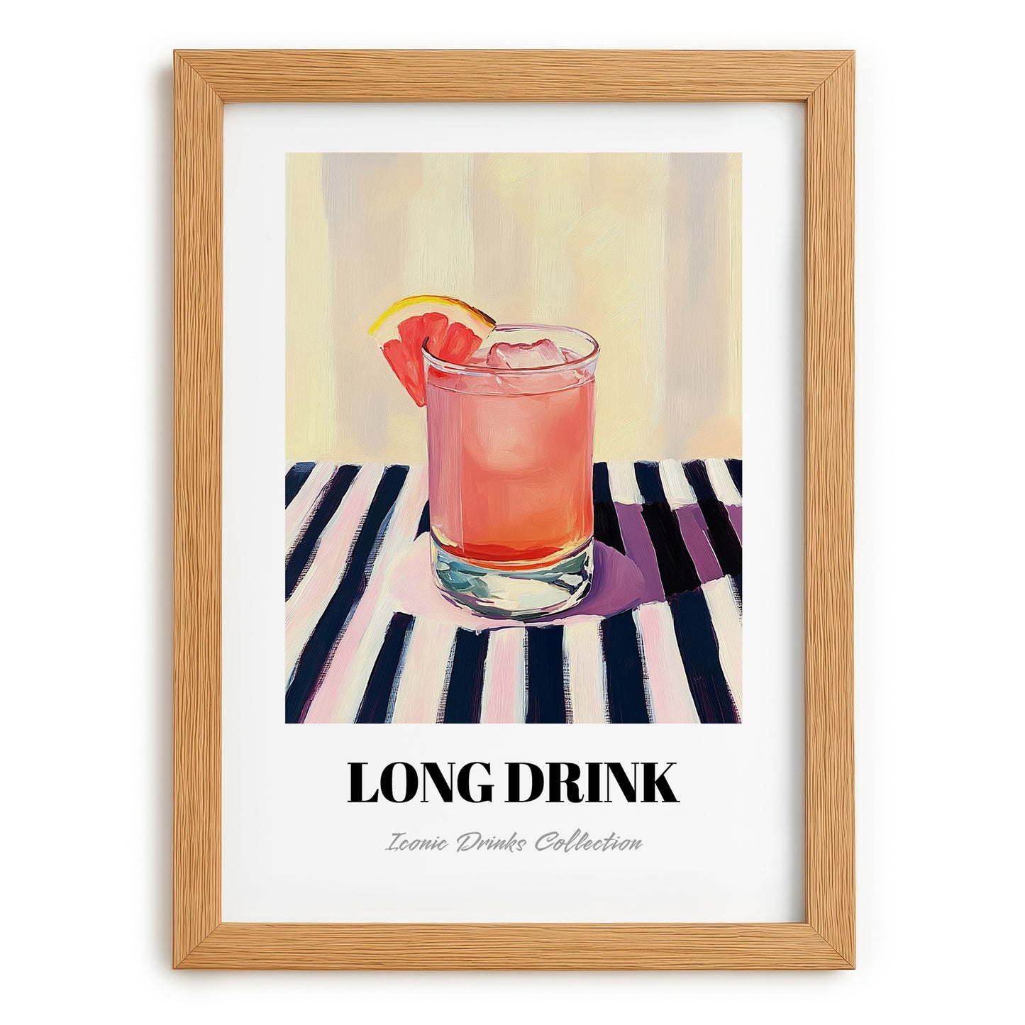 Long Drink – on Striped Tablecloth, Finnish Beverage Wall Decor, set in oak frame