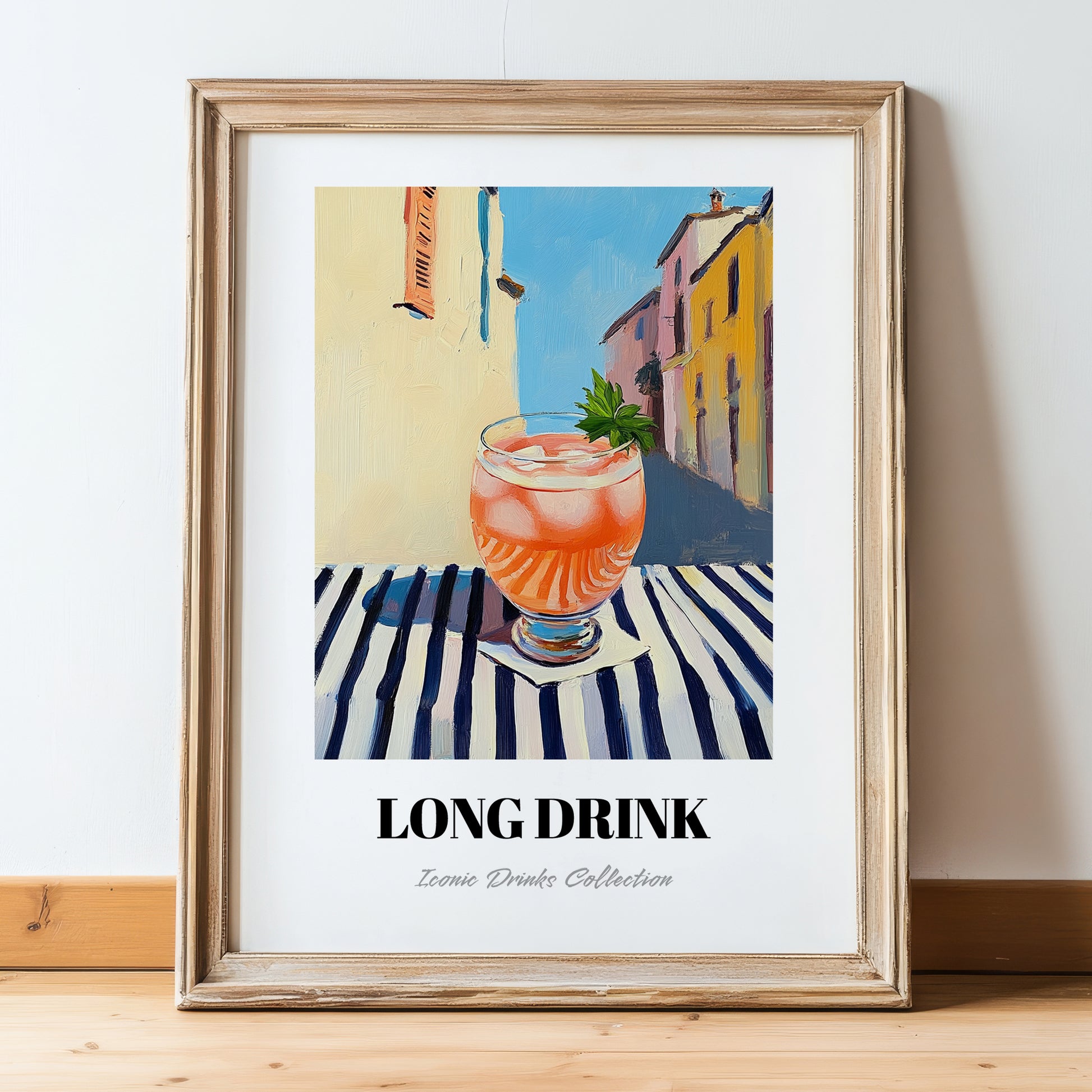 Long Drink – Finnish Urban Café Scene, Finnish Beverage Illustration, in wooden frame leaning on the floor