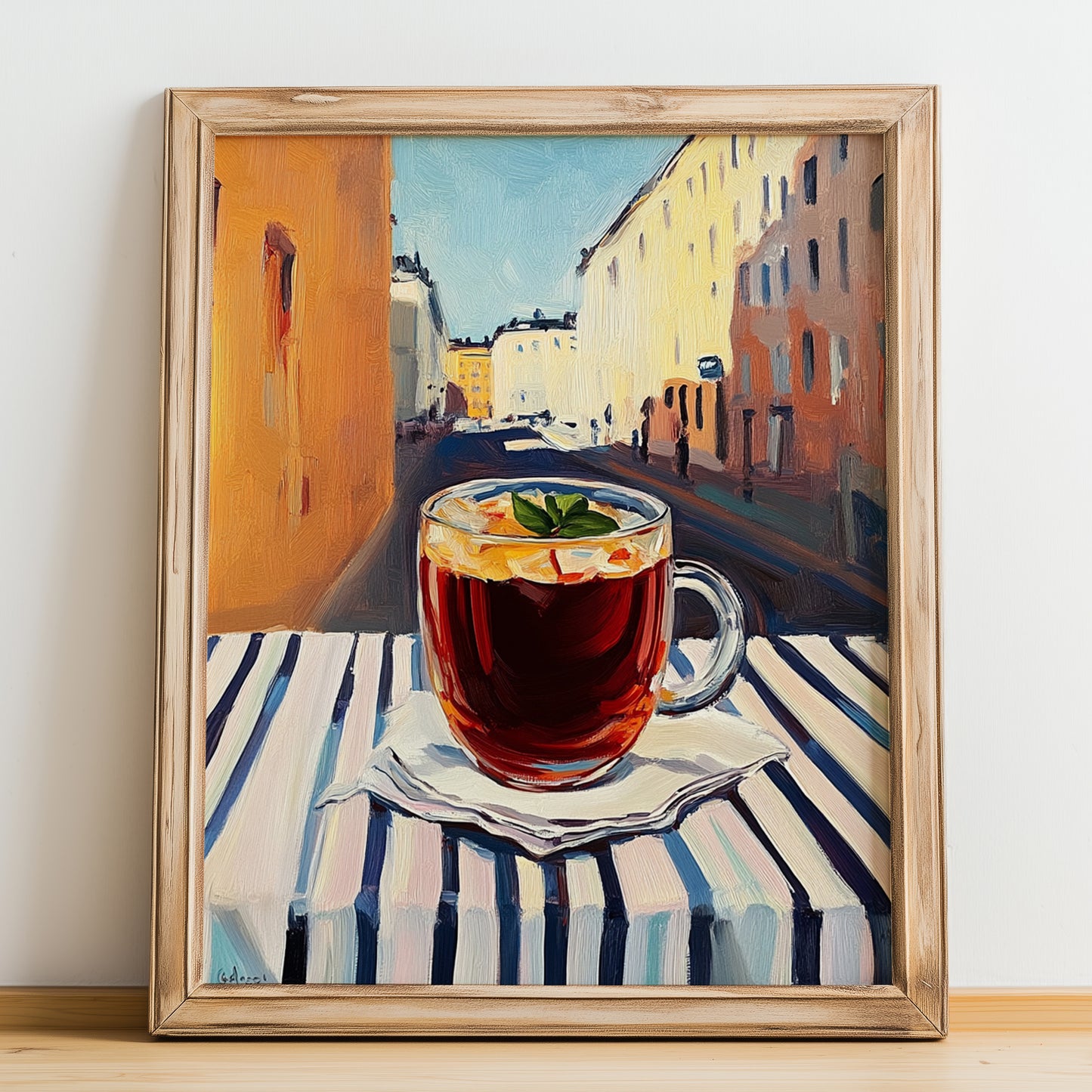 Glögi – Finnish Outdoor Café Scene, Finnish Wine Poster, no-text version framed in wood