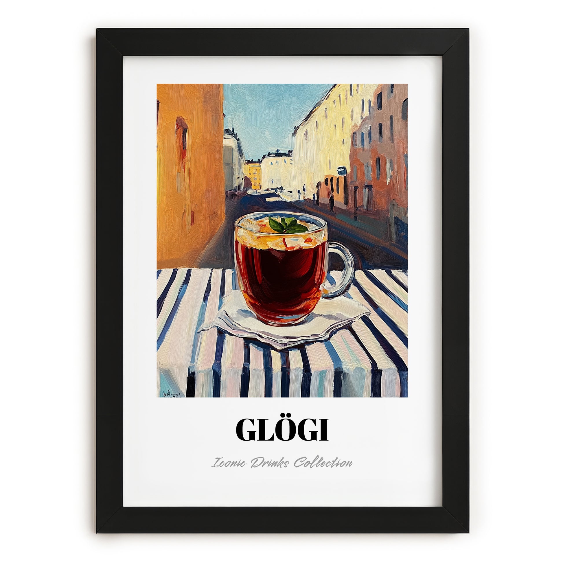 Glögi – Finnish Outdoor Café Scene, Finnish Wine Poster, in sleek black frame