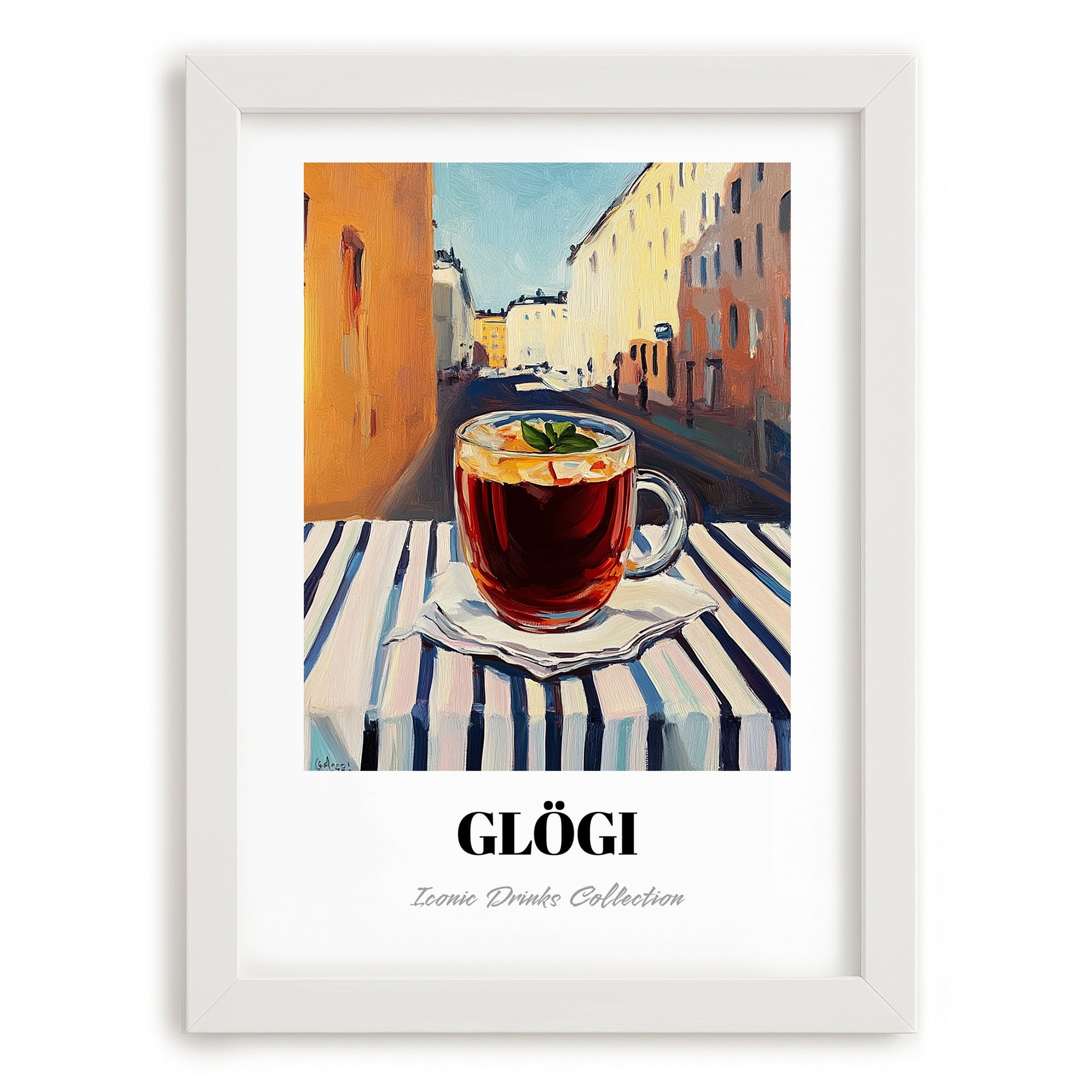 Glögi – Finnish Outdoor Café Scene, Finnish Wine Poster, placed in minimal white frame