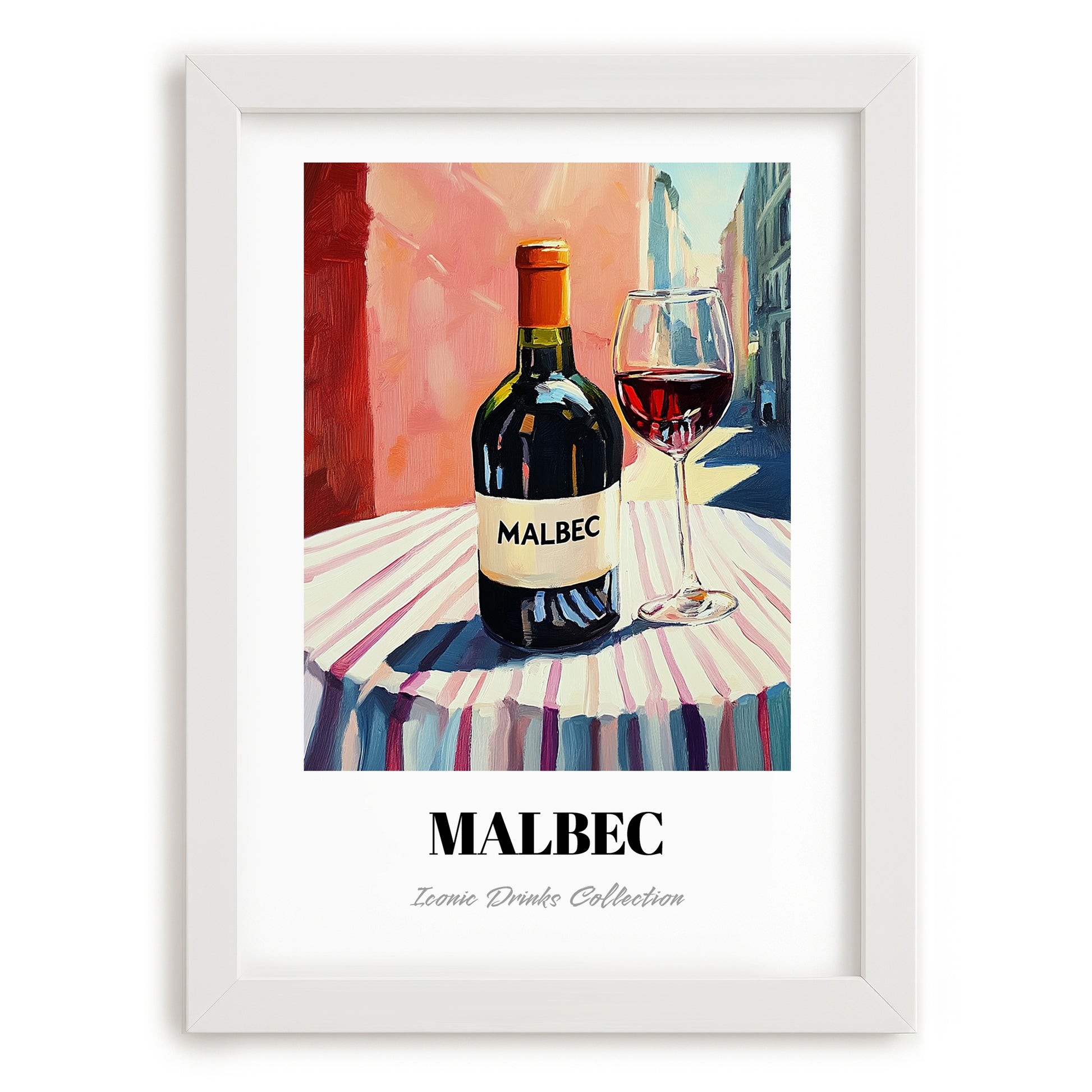 Malbec – Argentinian Street Café Scene, Argentinian Beverage Still Life, placed in minimal white frame