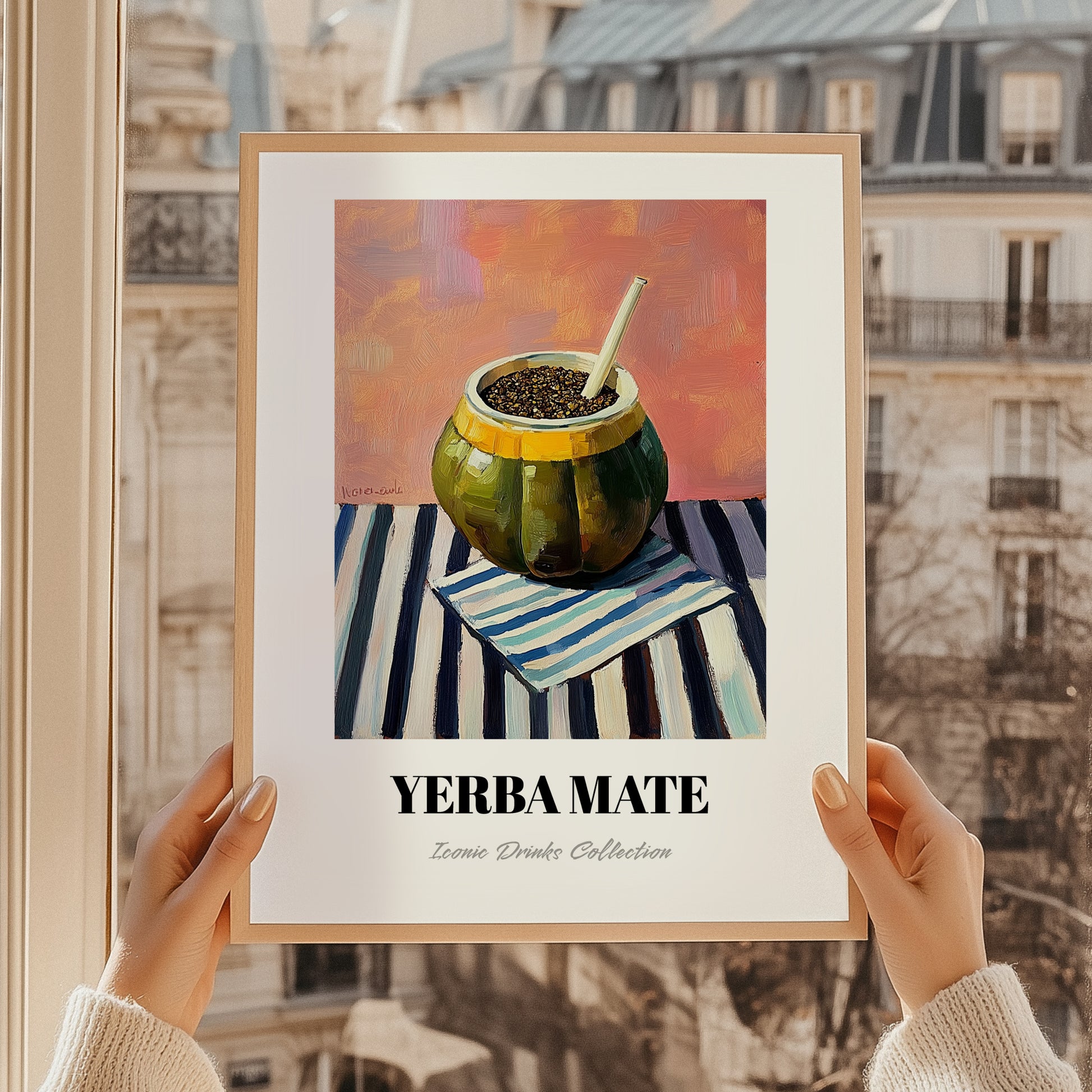 Yerba Maté – on Striped Tablecloth, Argentinian Whiskey Wall Decor, styled in a charming Paris street view
