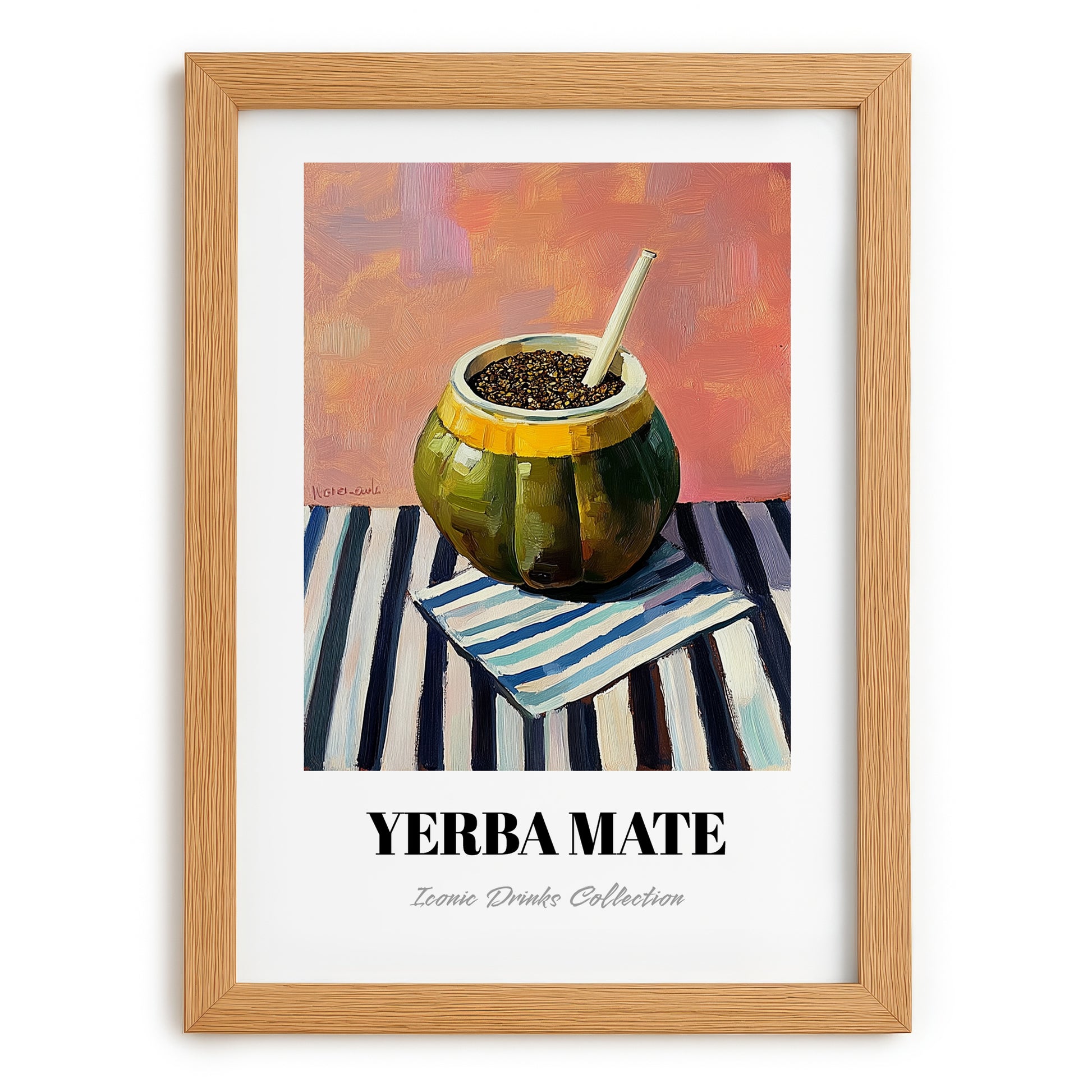 Yerba Maté – on Striped Tablecloth, Argentinian Whiskey Wall Decor, set in oak frame