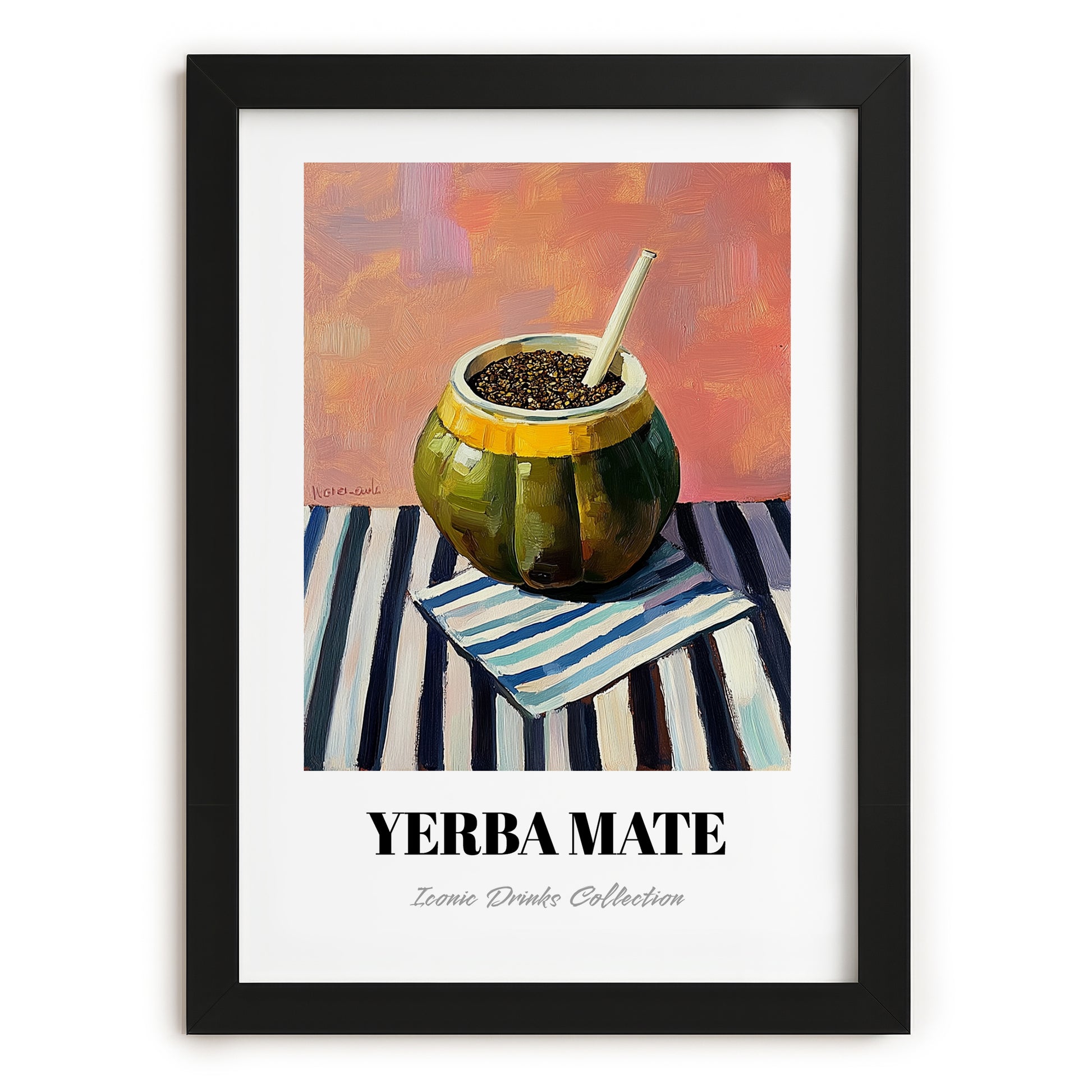 Yerba Maté – on Striped Tablecloth, Argentinian Whiskey Wall Decor, in sleek black frame