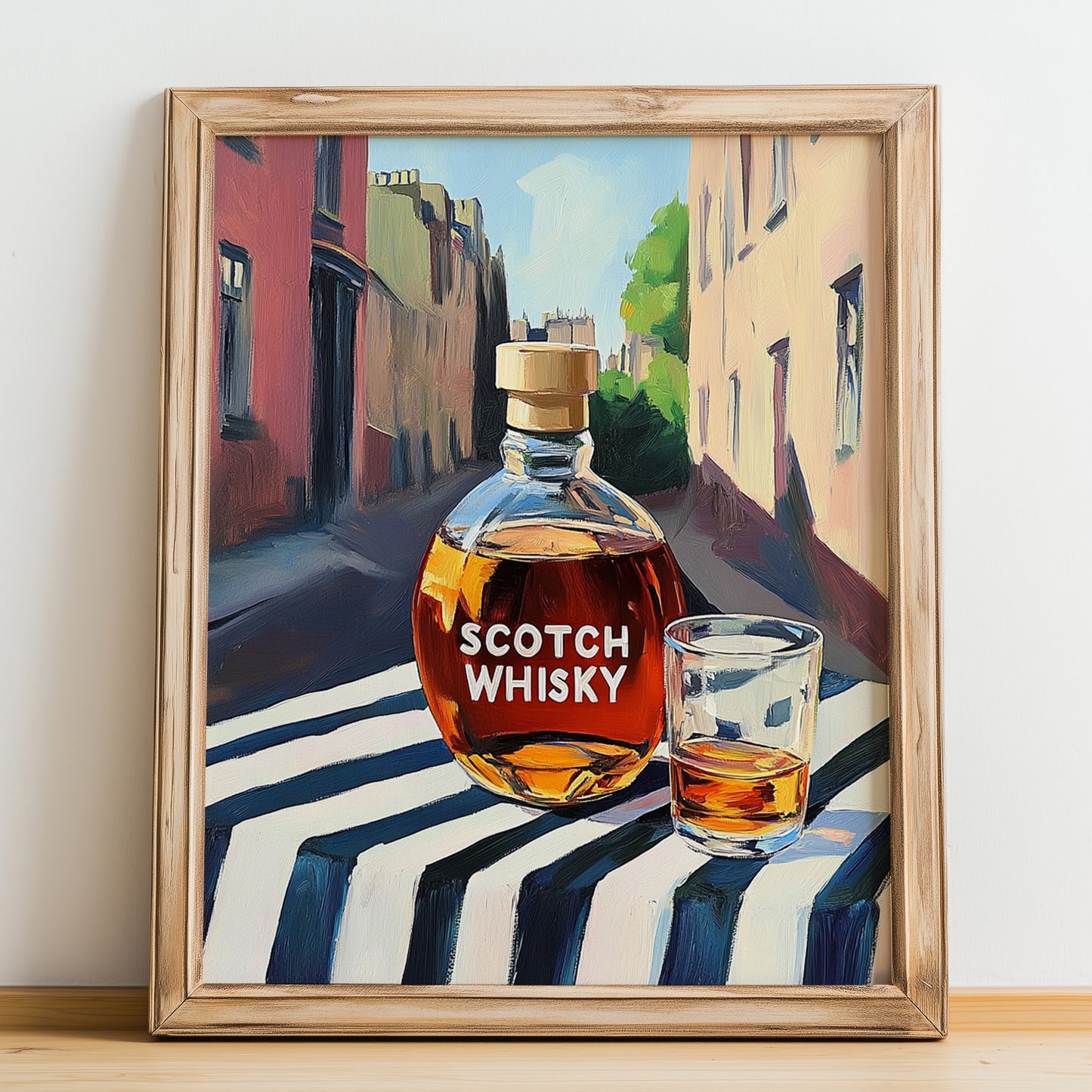 Scotch Whisky – Scottish Urban Café Scene, Scottish Whiskey Illustration, no-text version framed in wood
