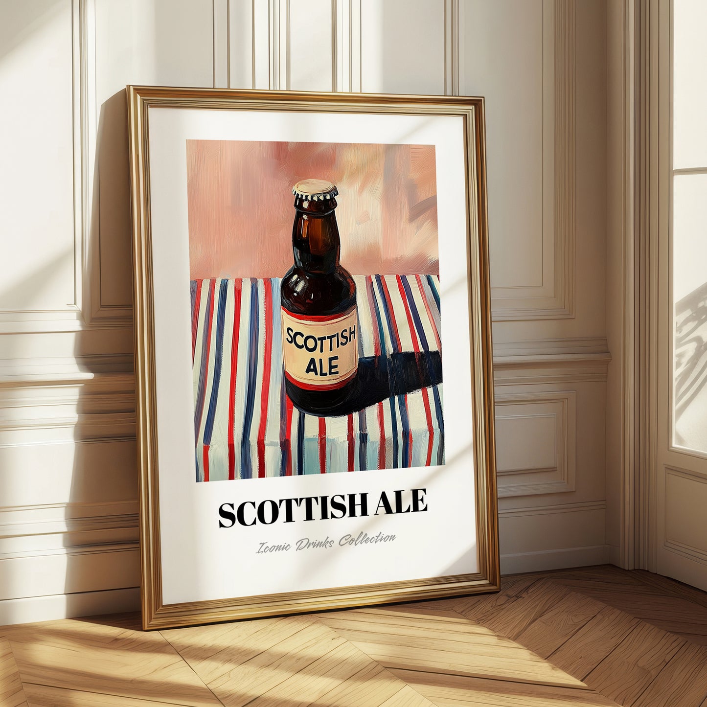 Scottish Ale – on Striped Tablecloth, Scottish Beer Illustration